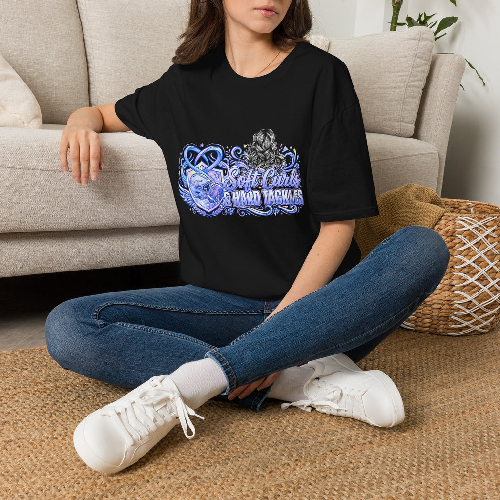 Soft Curls, Sharp Tackles T-Shirt — Women’s Football Mom Graphic Tee