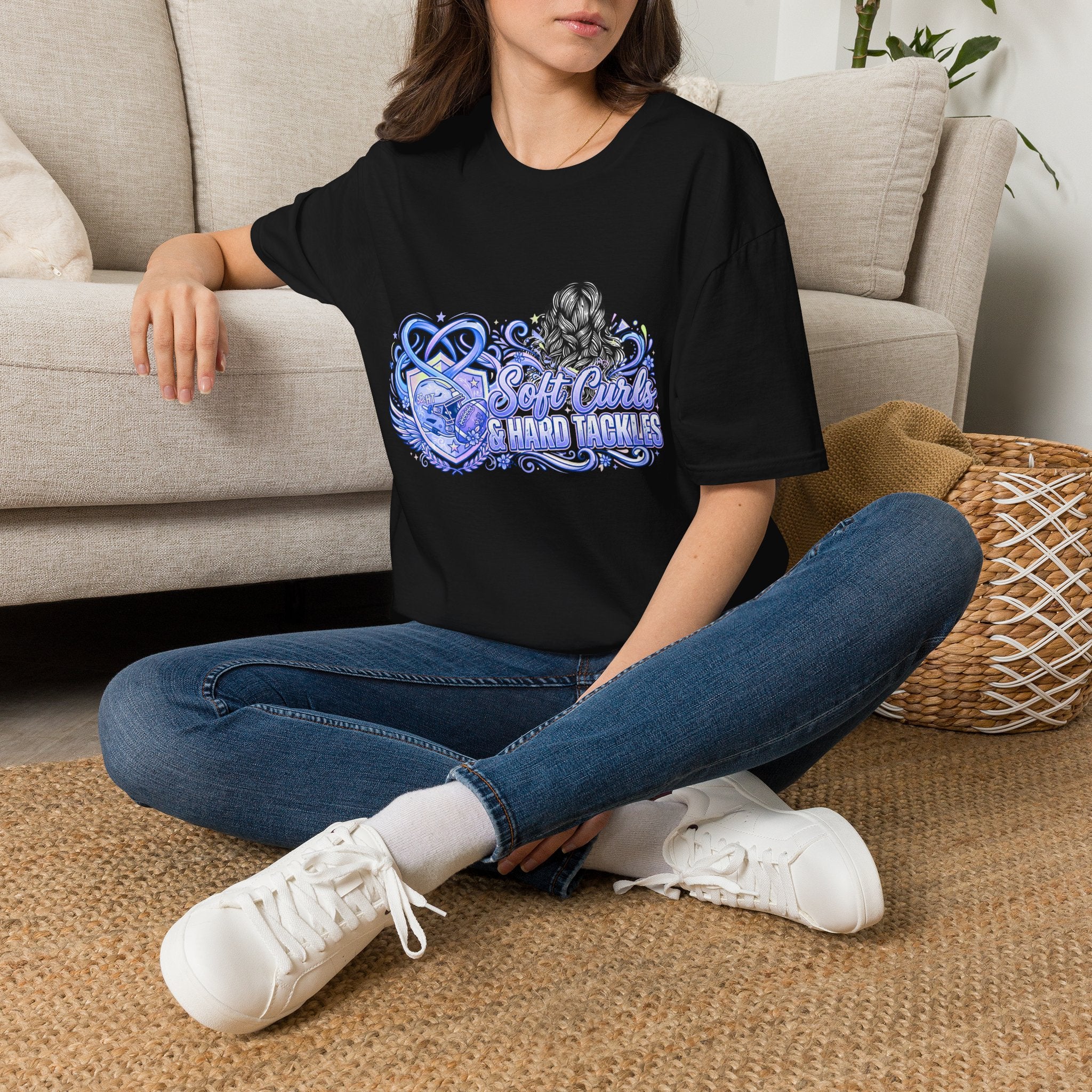 Soft Curls, Sharp Tackles T-Shirt — Women’s Football Mom Graphic Tee