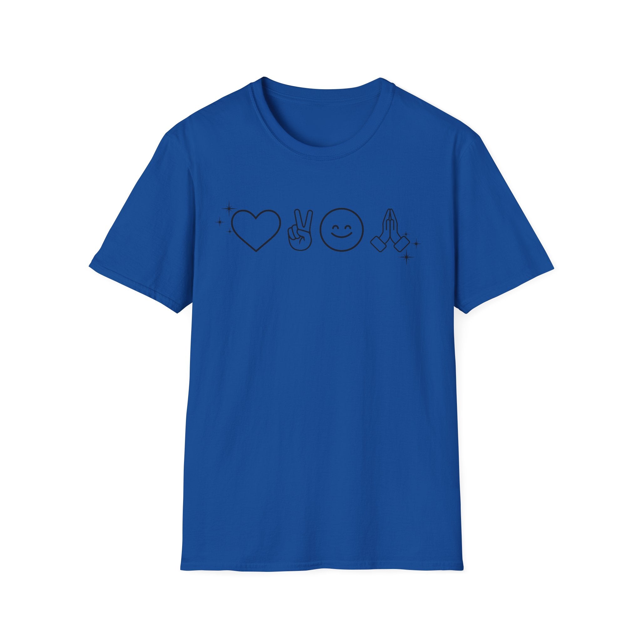 Peace Love Pray Minimal Emoji T‑Shirt — Heart, Peace, Smile, Praying Hands Graphic Tee