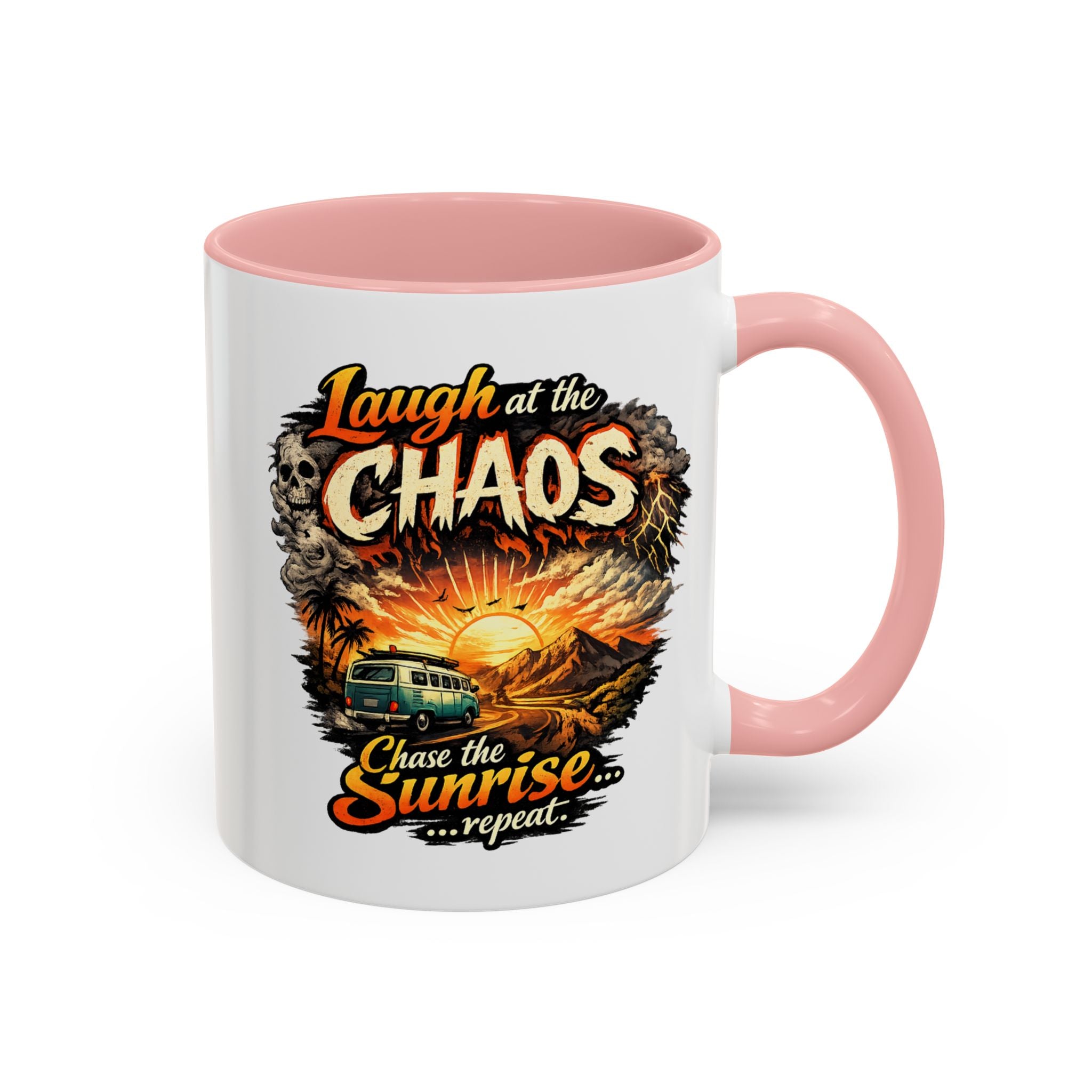 Laugh at the Chaos Sunrise Accent Coffee Mug — Retro Beach Camper Coffee Cup (11/15 oz)