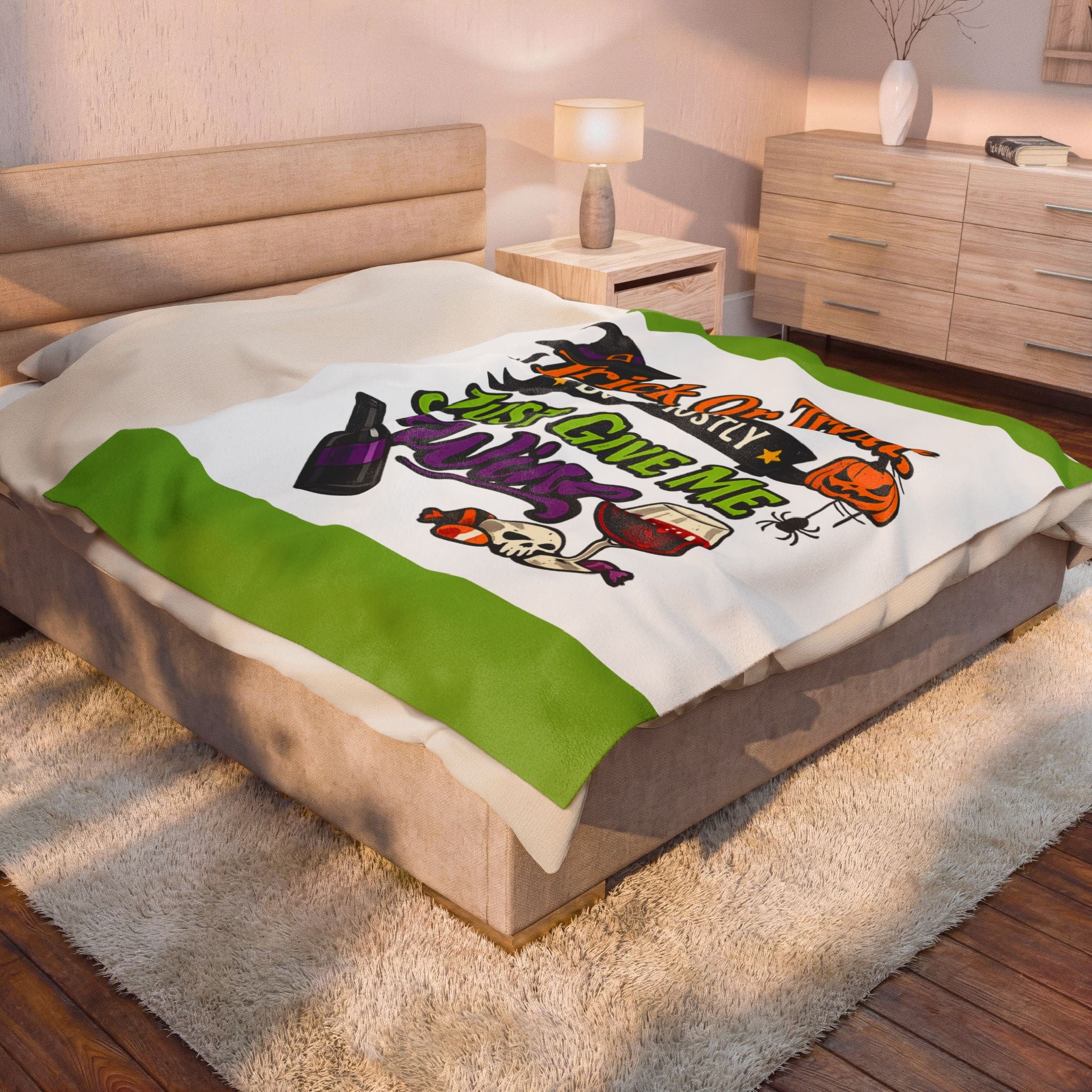 Halloween Wine Plush Blanket – “Trick Or Treat But Mostly Just Give Me Wine” Velveteen Throw