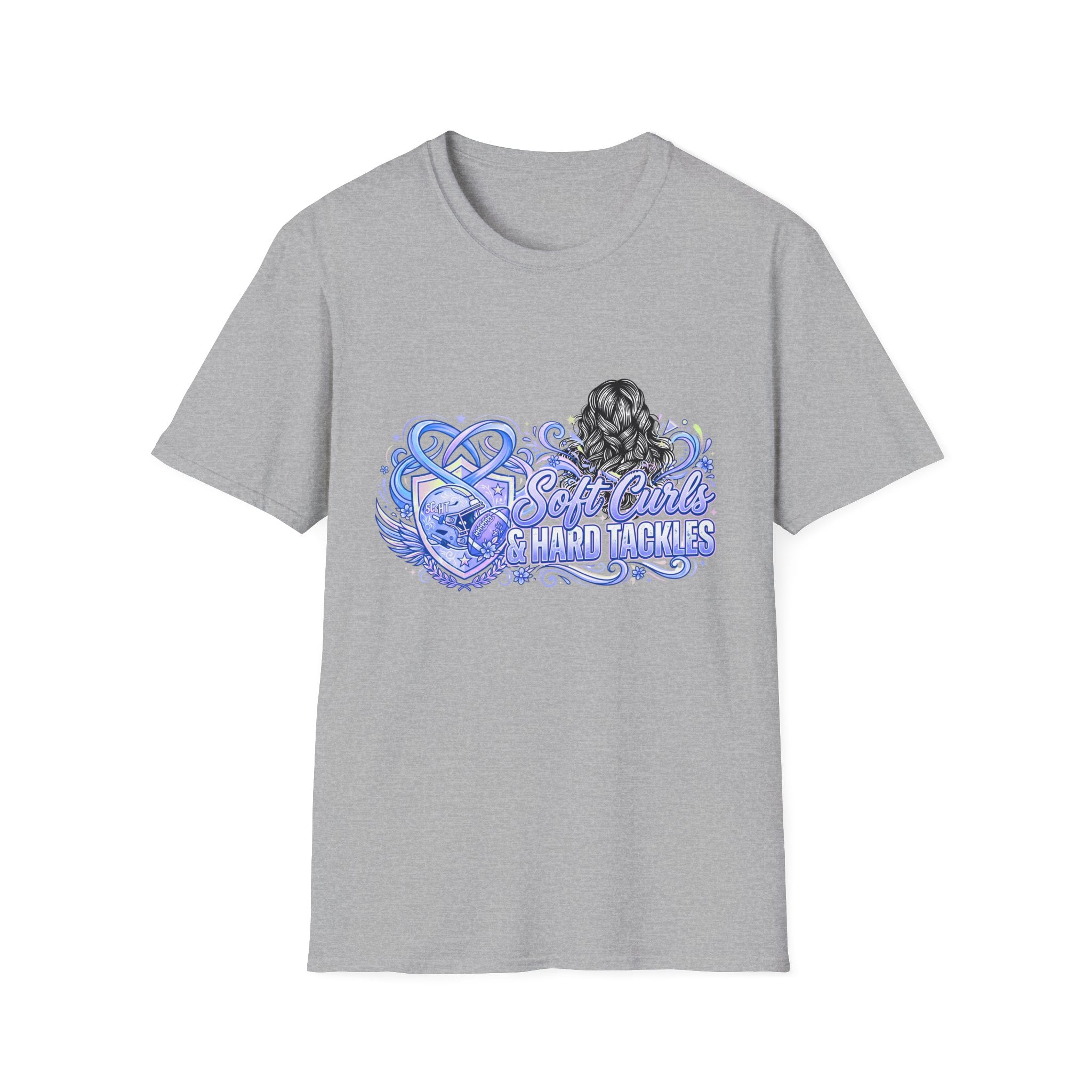 Soft Curls, Sharp Tackles T-Shirt — Women’s Football Mom Graphic Tee