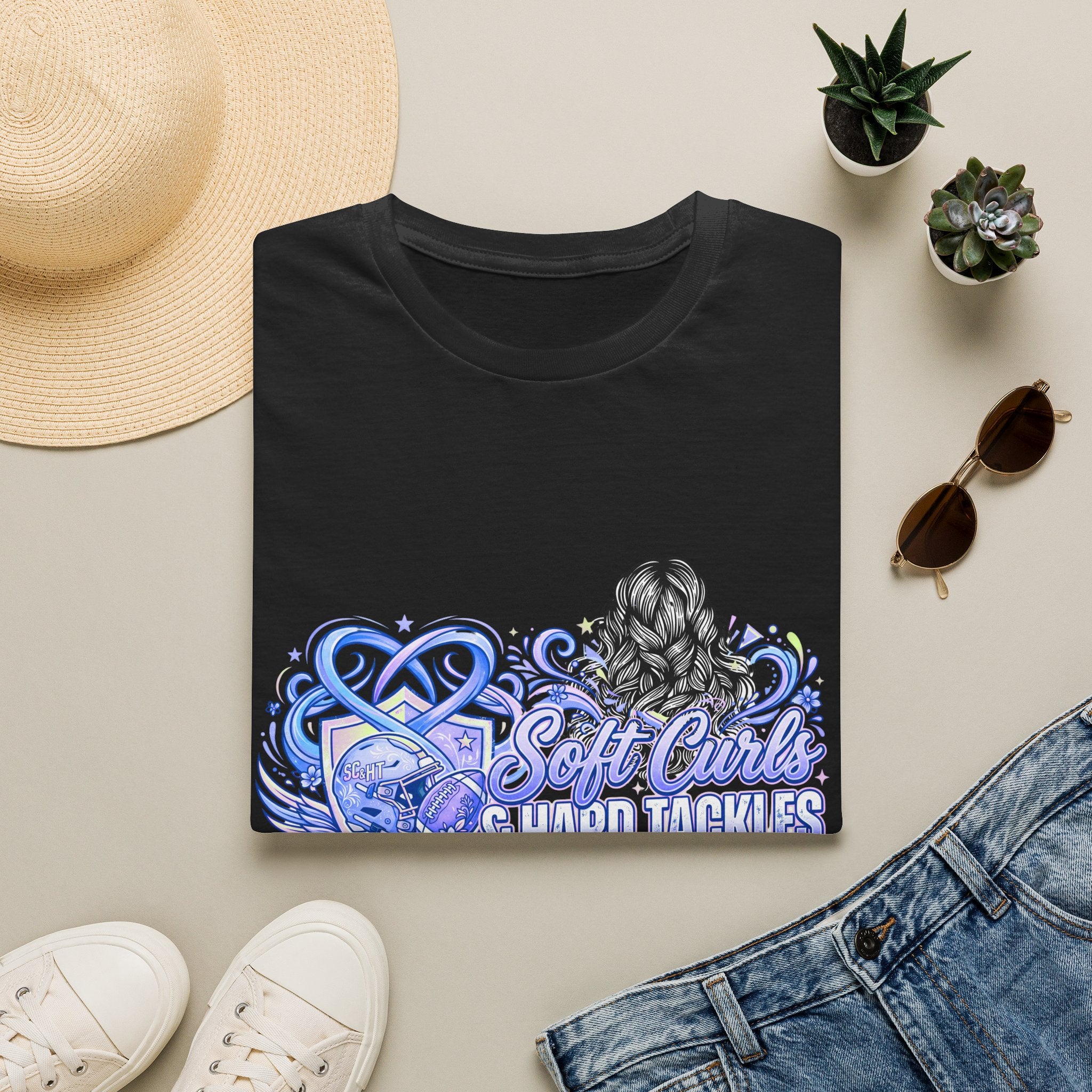 Soft Curls, Sharp Tackles T-Shirt — Women’s Football Mom Graphic Tee