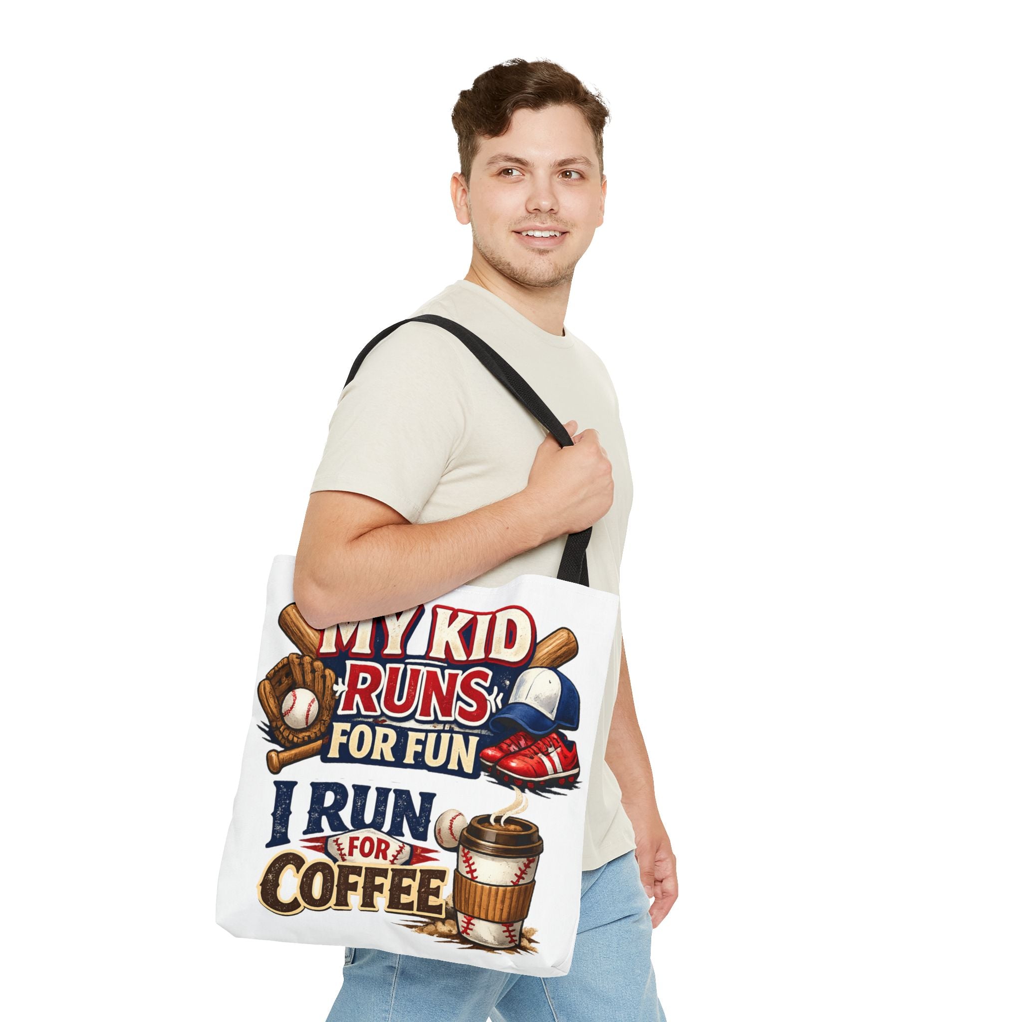 Tote Bag — "My Kid Runs for Fun, I Run for Coffee" Baseball Mom Tote