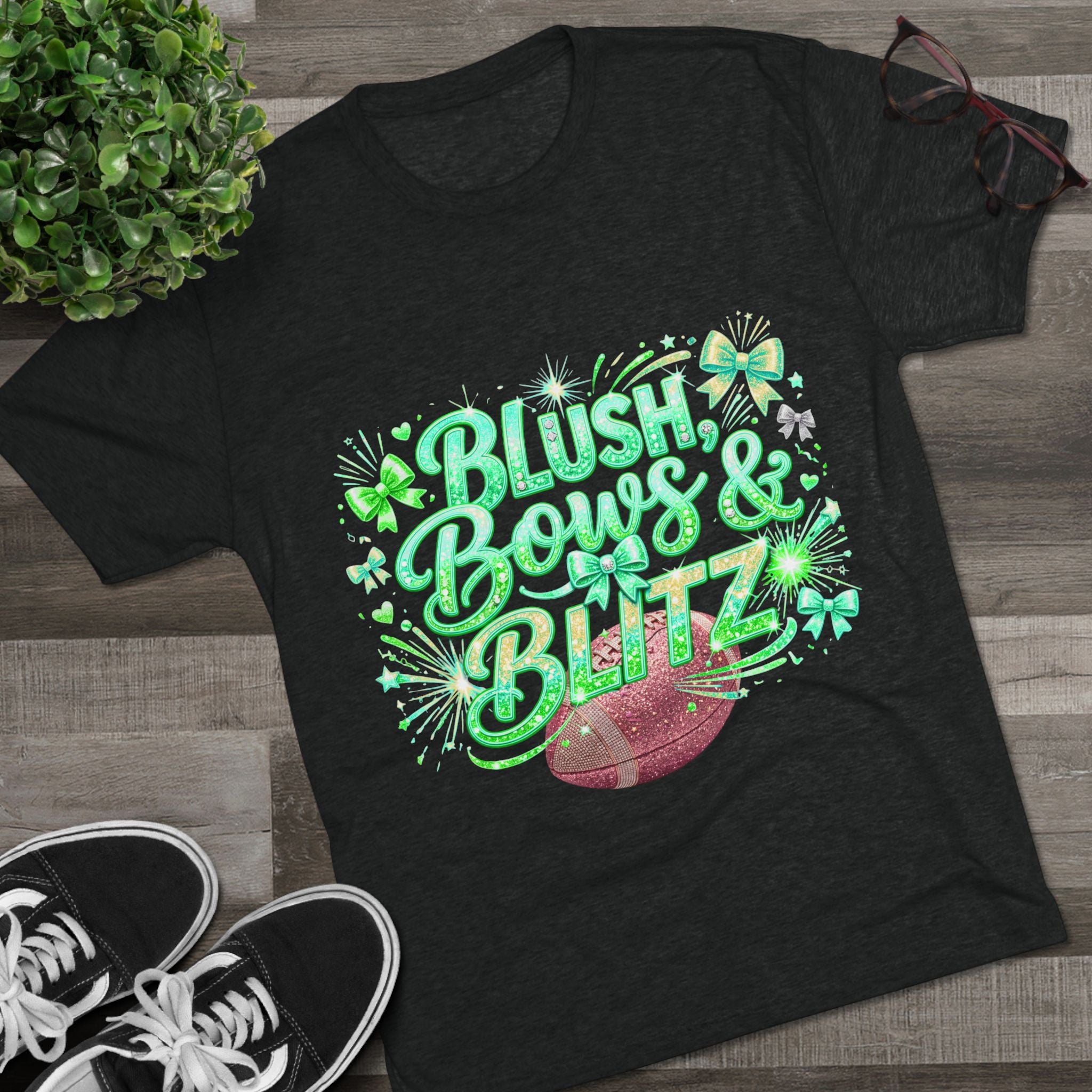 Blush, Bows & Blitz Football Tee — Cute Cheer Mom Game Day Shirt