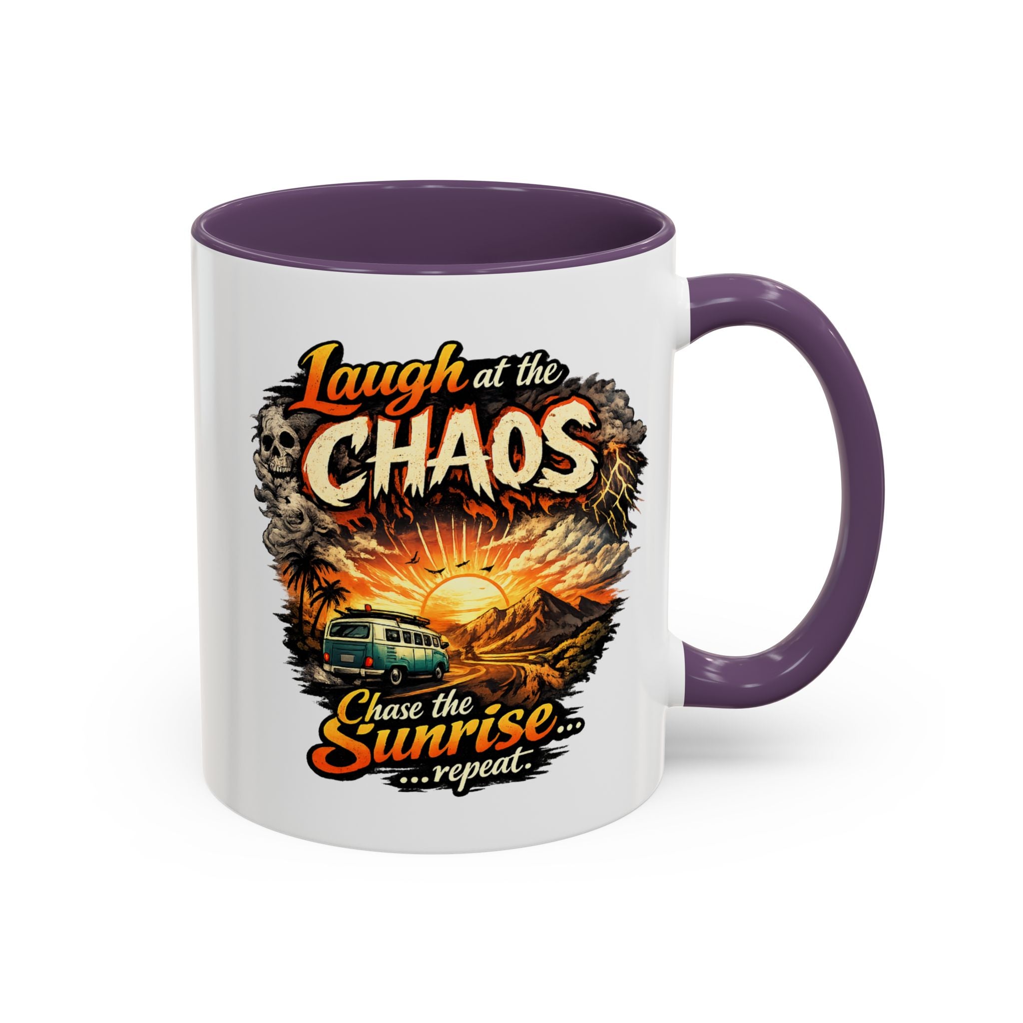 Laugh at the Chaos Sunrise Accent Coffee Mug — Retro Beach Camper Coffee Cup (11/15 oz)