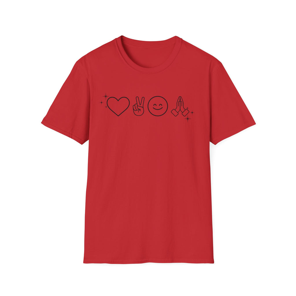 Peace Love Pray Minimal Emoji T‑Shirt — Heart, Peace, Smile, Praying Hands Graphic Tee
