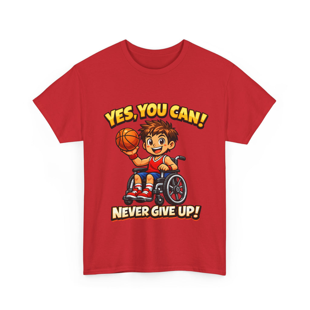 Youth Wheelchair Basketball T‑Shirt — "Yes, You Can! Never Give Up!" Motivational Tee
