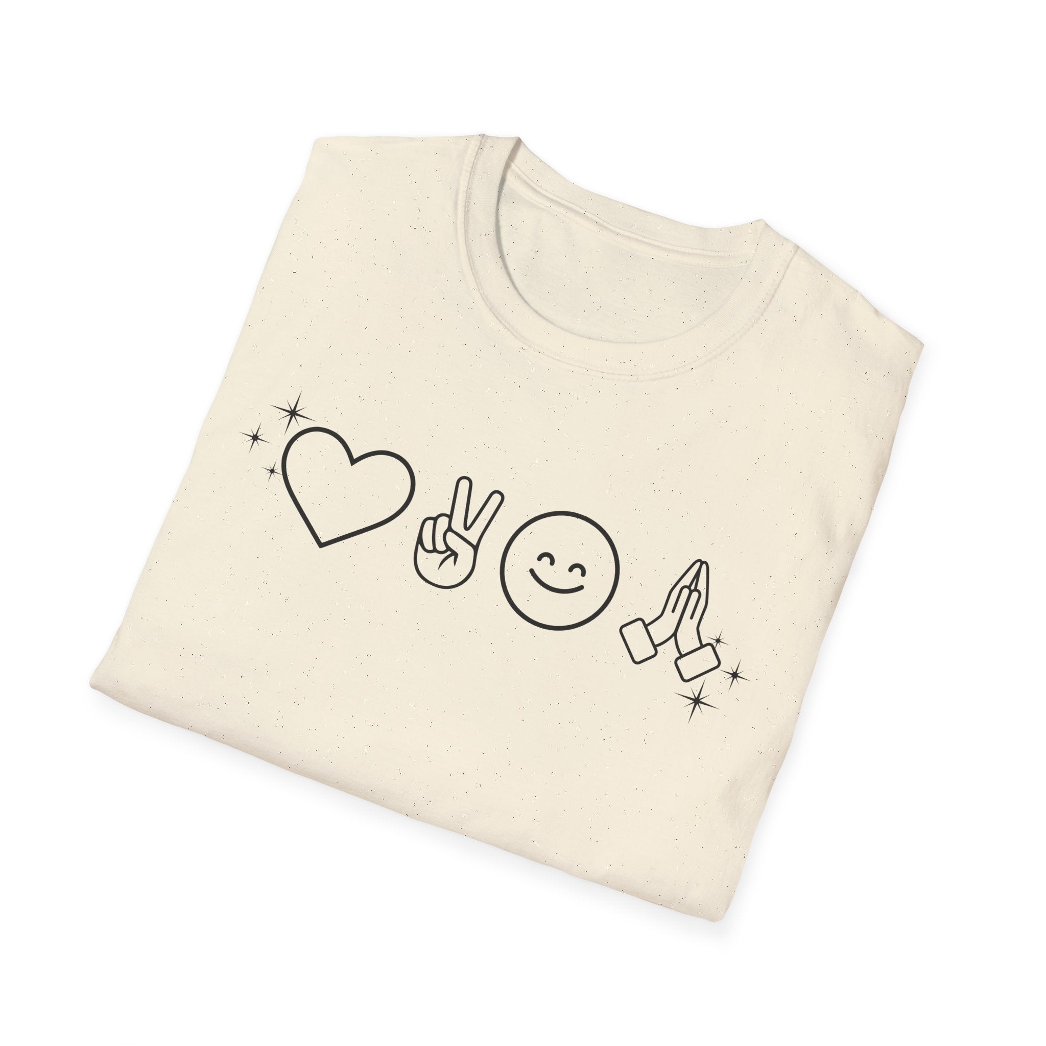 Peace Love Pray Minimal Emoji T‑Shirt — Heart, Peace, Smile, Praying Hands Graphic Tee