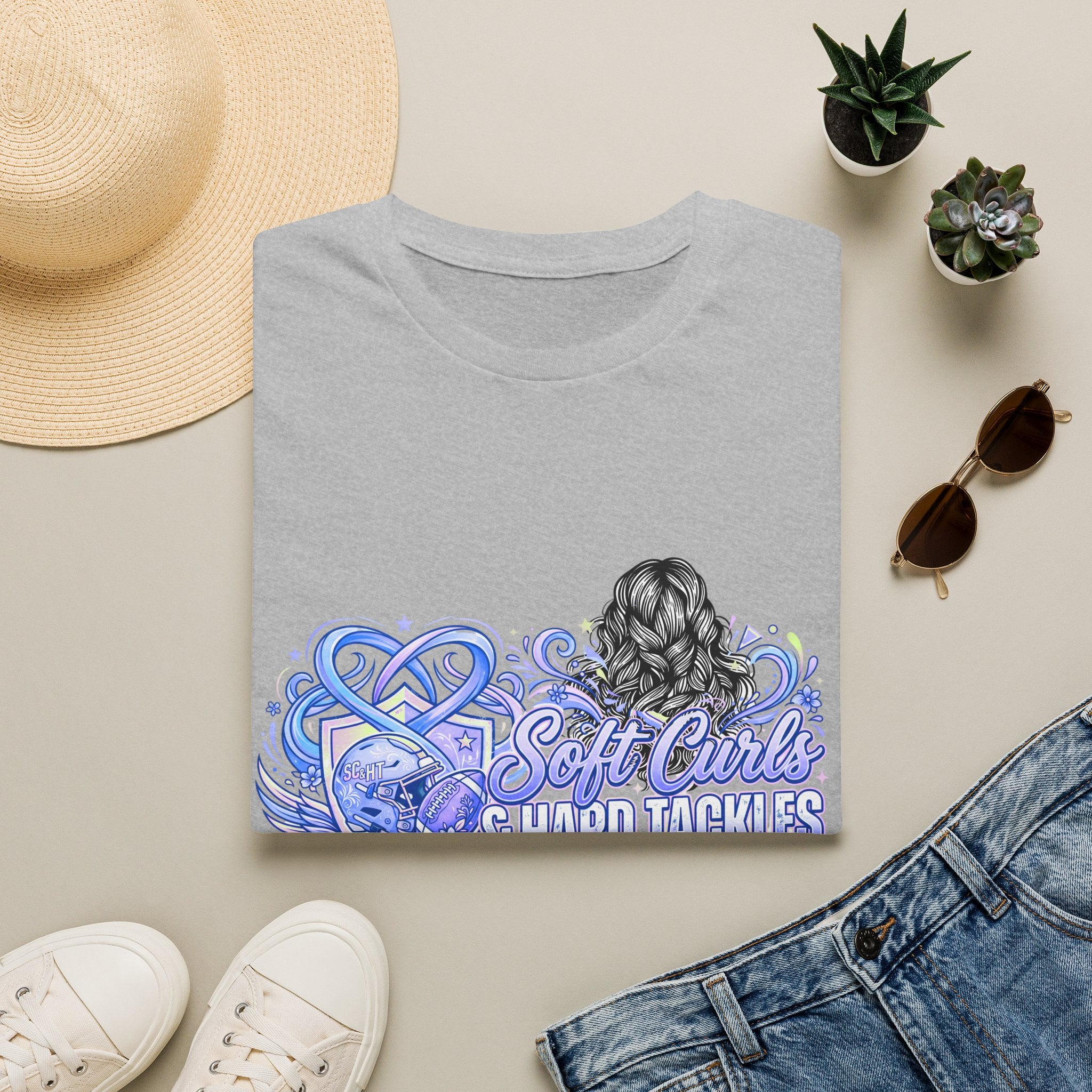 Soft Curls, Sharp Tackles T-Shirt — Women’s Football Mom Graphic Tee