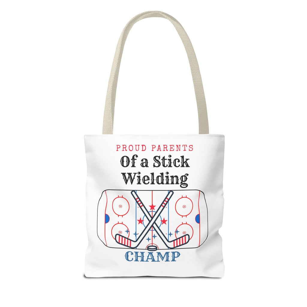 Hockey Mom/Dad Tote — "Proud Parents of a Stick Wielding Champ" Tote Bag
