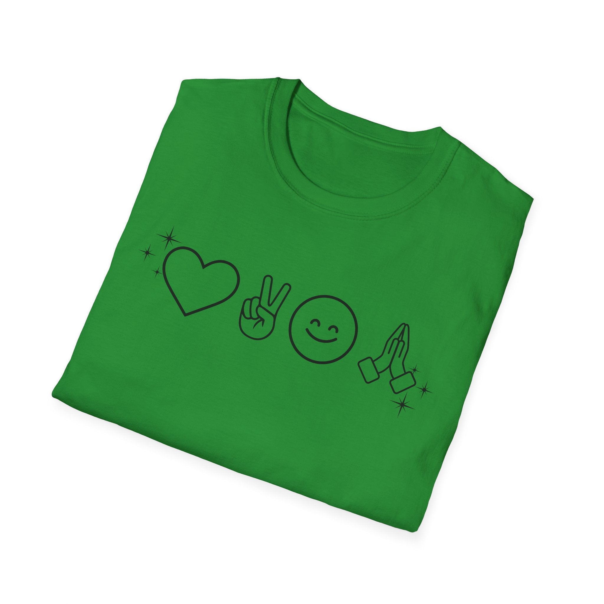 Peace Love Pray Minimal Emoji T‑Shirt — Heart, Peace, Smile, Praying Hands Graphic Tee