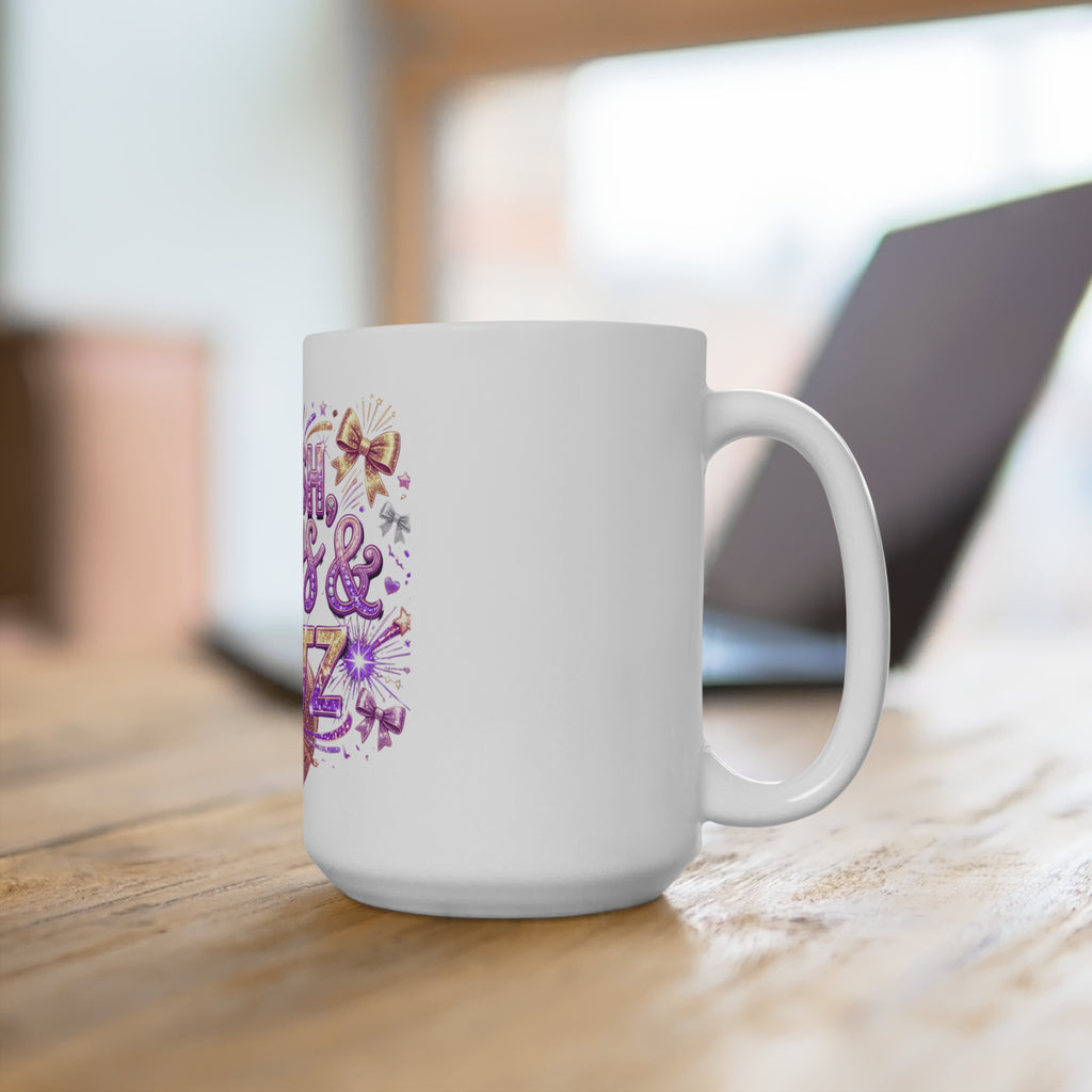 Blush, Bows & Blitz Football Mug — Sparkly Pink Cheerleader Game Day 15oz Ceramic
