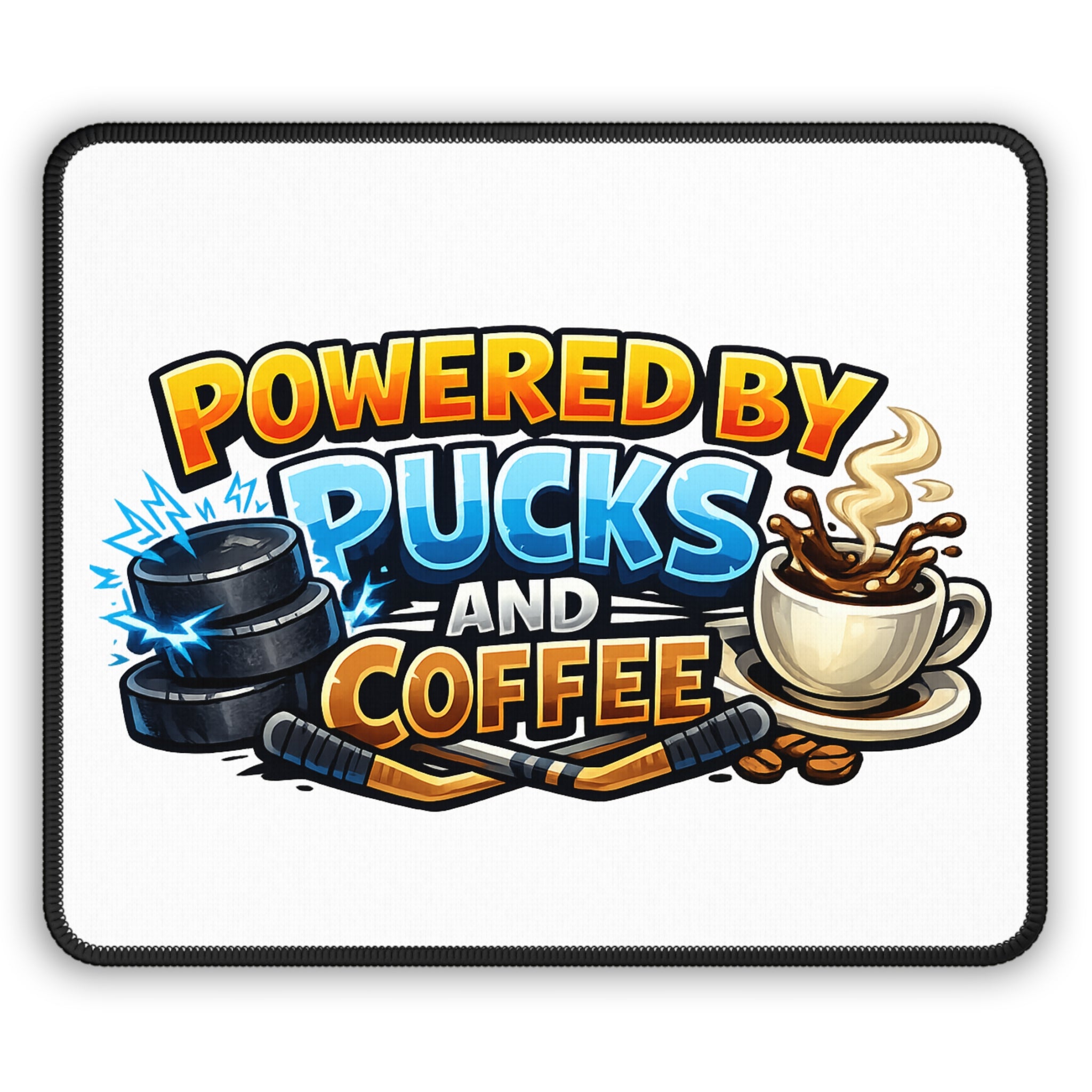 Gaming Mouse Pad — "Powered by Pucks and Coffee" Hockey Gamer Desk Mat