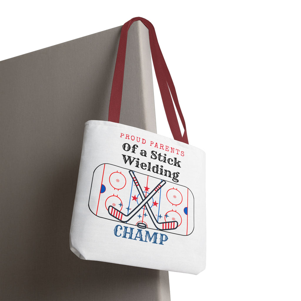 Hockey Mom/Dad Tote — "Proud Parents of a Stick Wielding Champ" Tote Bag