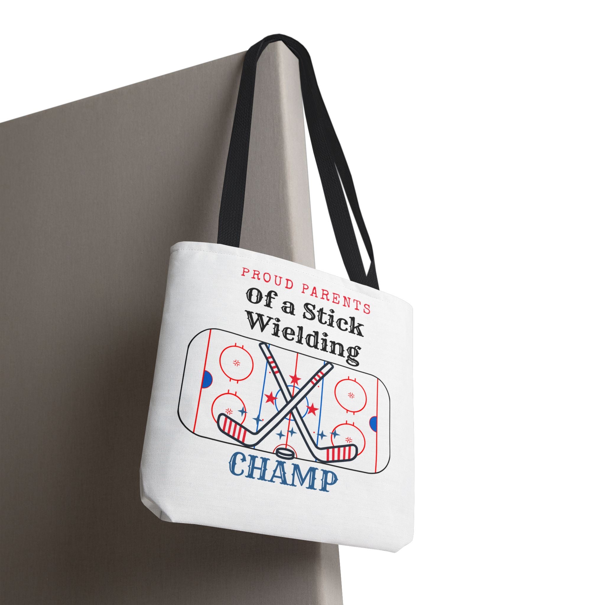 Hockey Mom/Dad Tote — "Proud Parents of a Stick Wielding Champ" Tote Bag