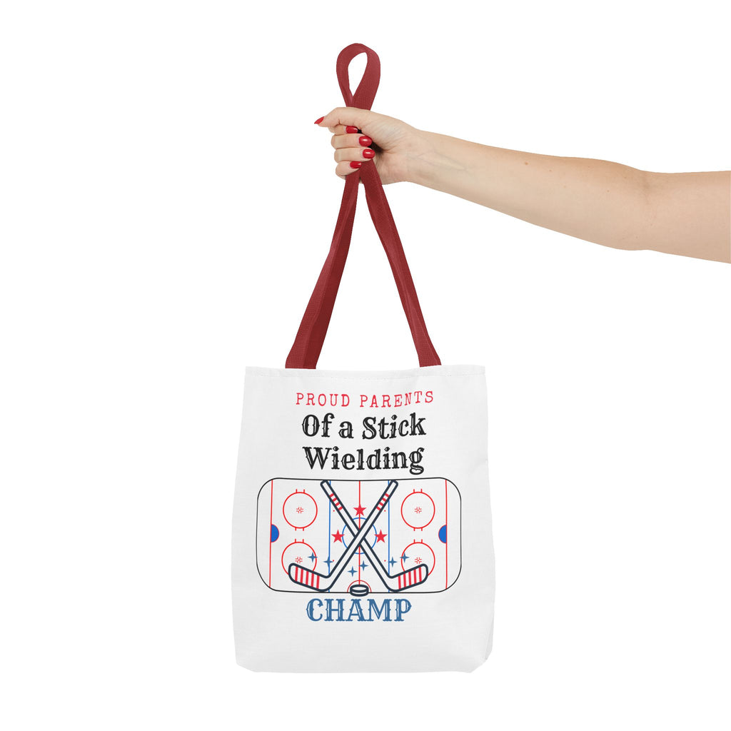 Hockey Mom/Dad Tote — "Proud Parents of a Stick Wielding Champ" Tote Bag