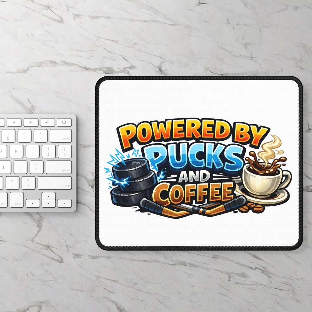 Gaming Mouse Pad — "Powered by Pucks and Coffee" Hockey Gamer Desk Mat