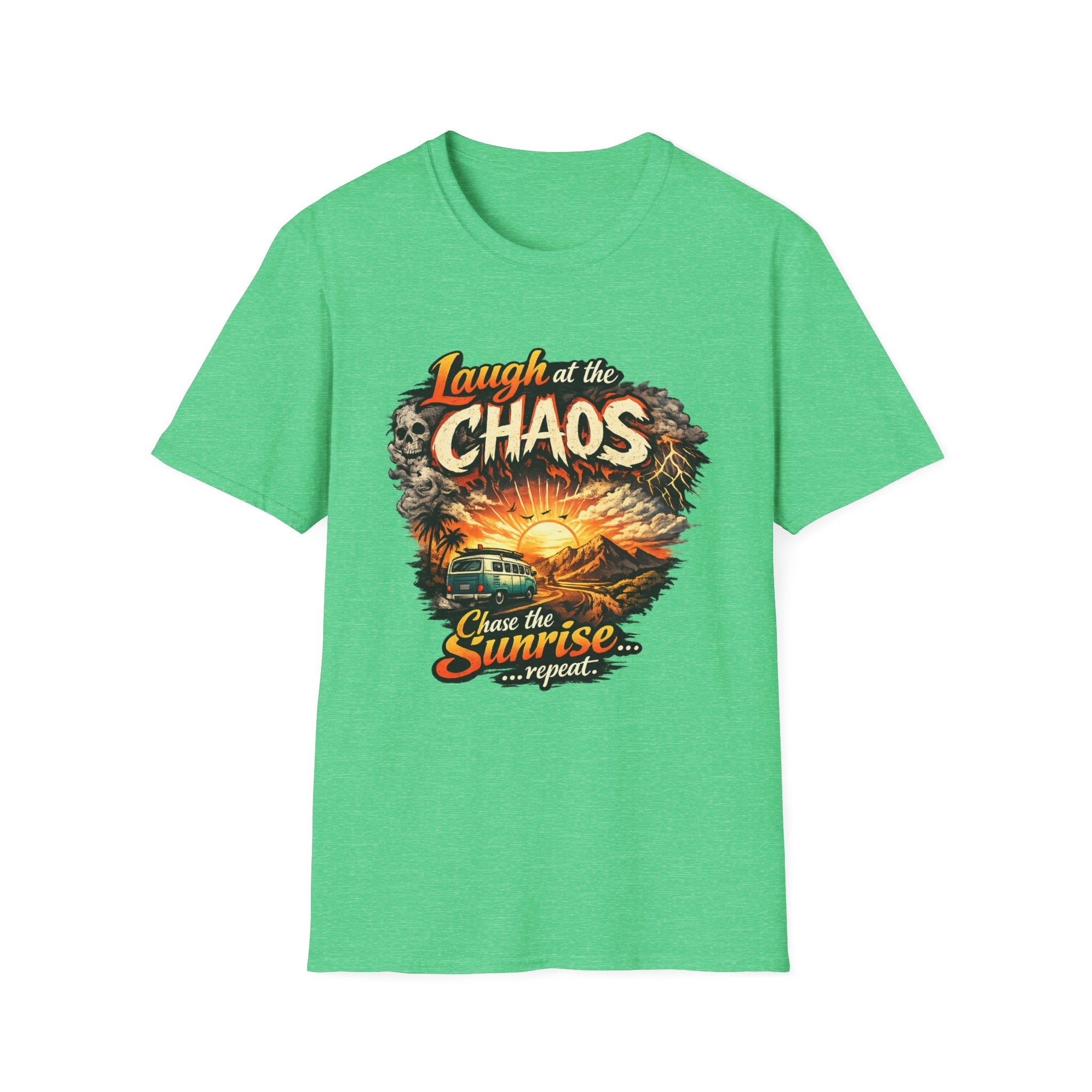 Laugh at the Chaos Sunset Road Trip T-Shirt — "Chase the Sunrise" Adventure Tee