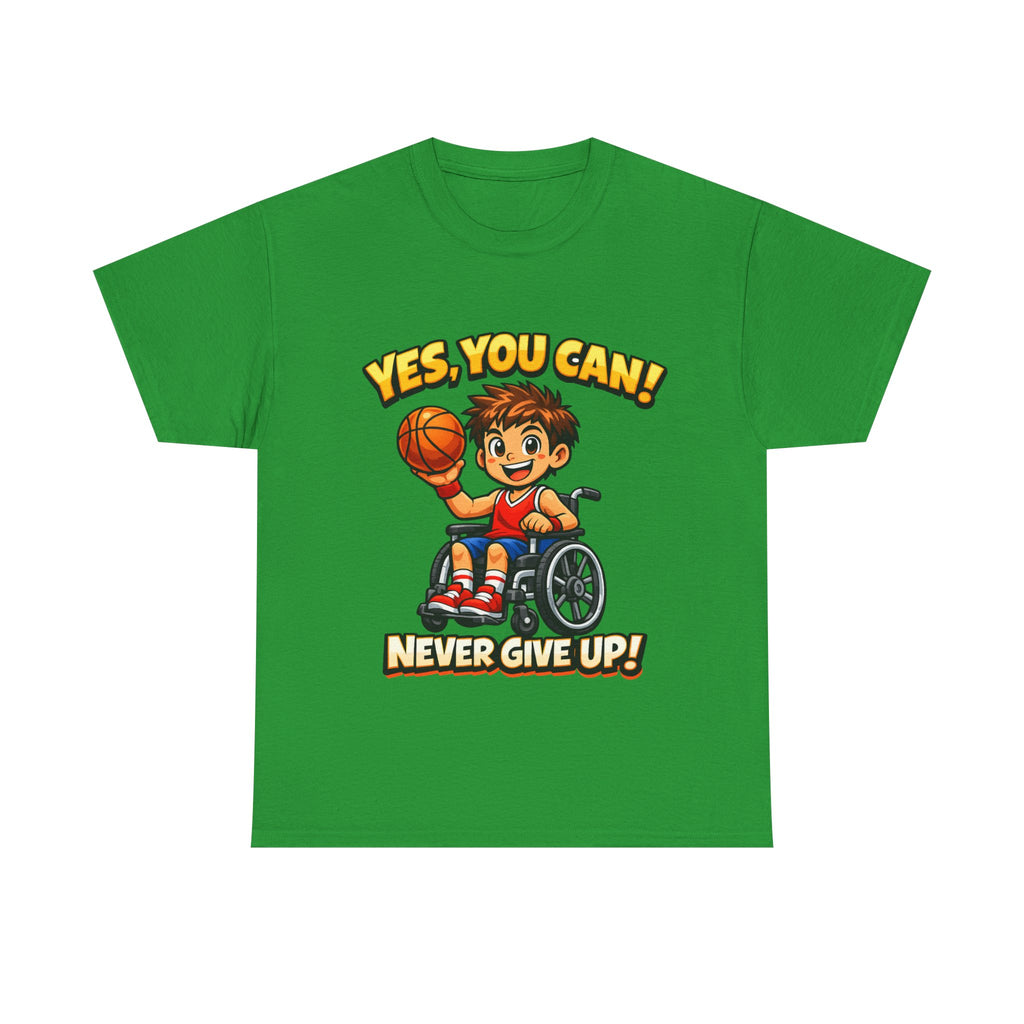 Youth Wheelchair Basketball T‑Shirt — "Yes, You Can! Never Give Up!" Motivational Tee