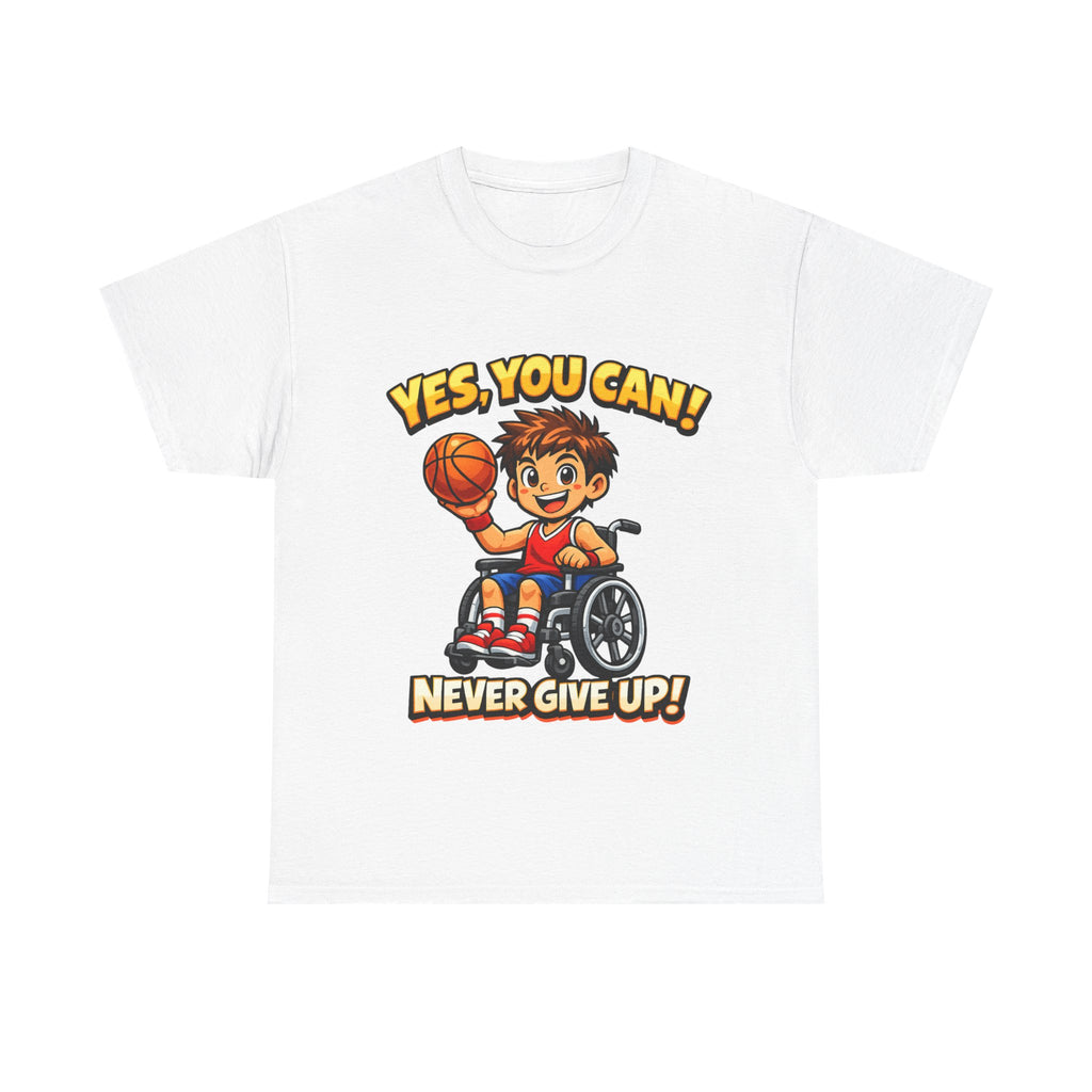 Youth Wheelchair Basketball T‑Shirt — "Yes, You Can! Never Give Up!" Motivational Tee
