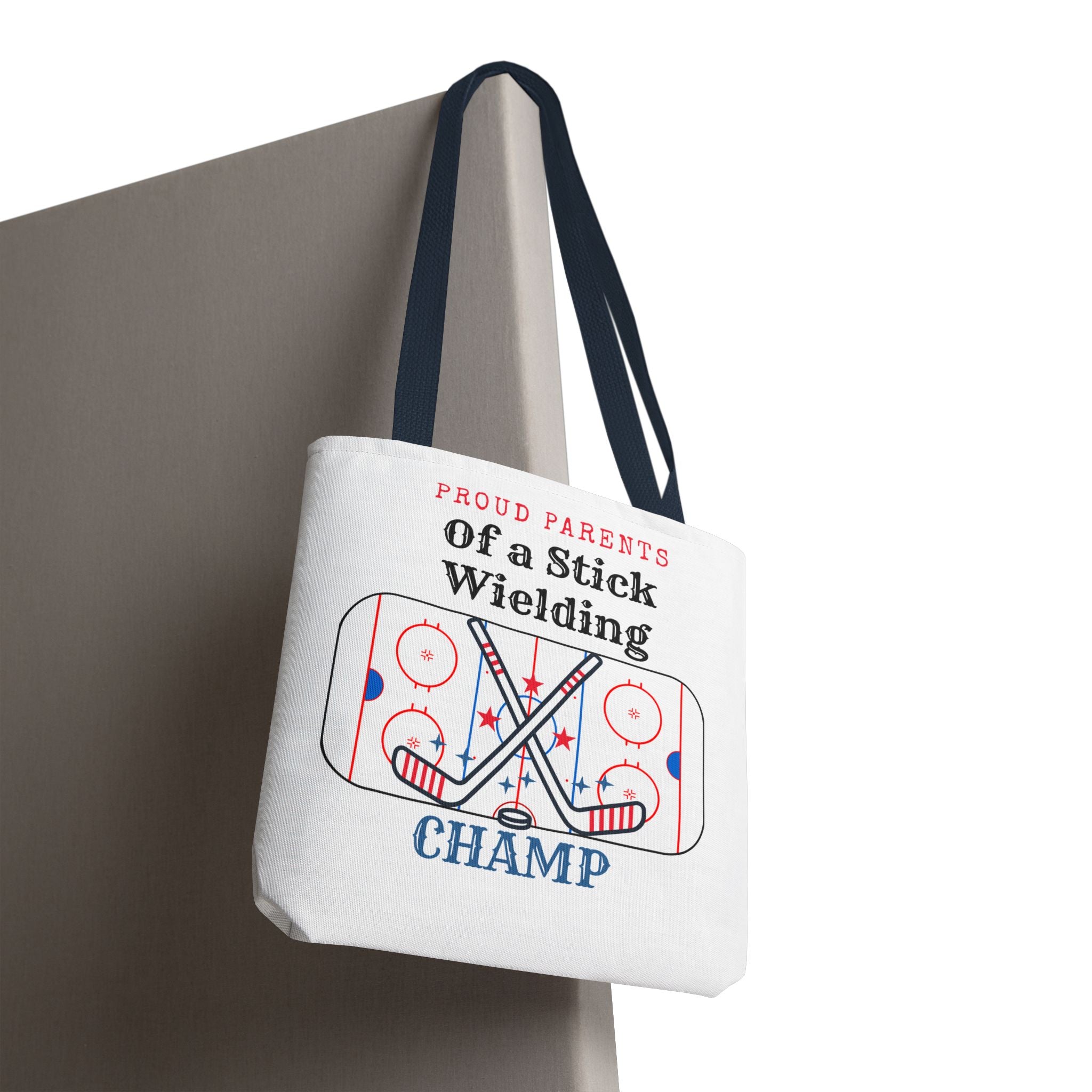 Hockey Mom/Dad Tote — "Proud Parents of a Stick Wielding Champ" Tote Bag