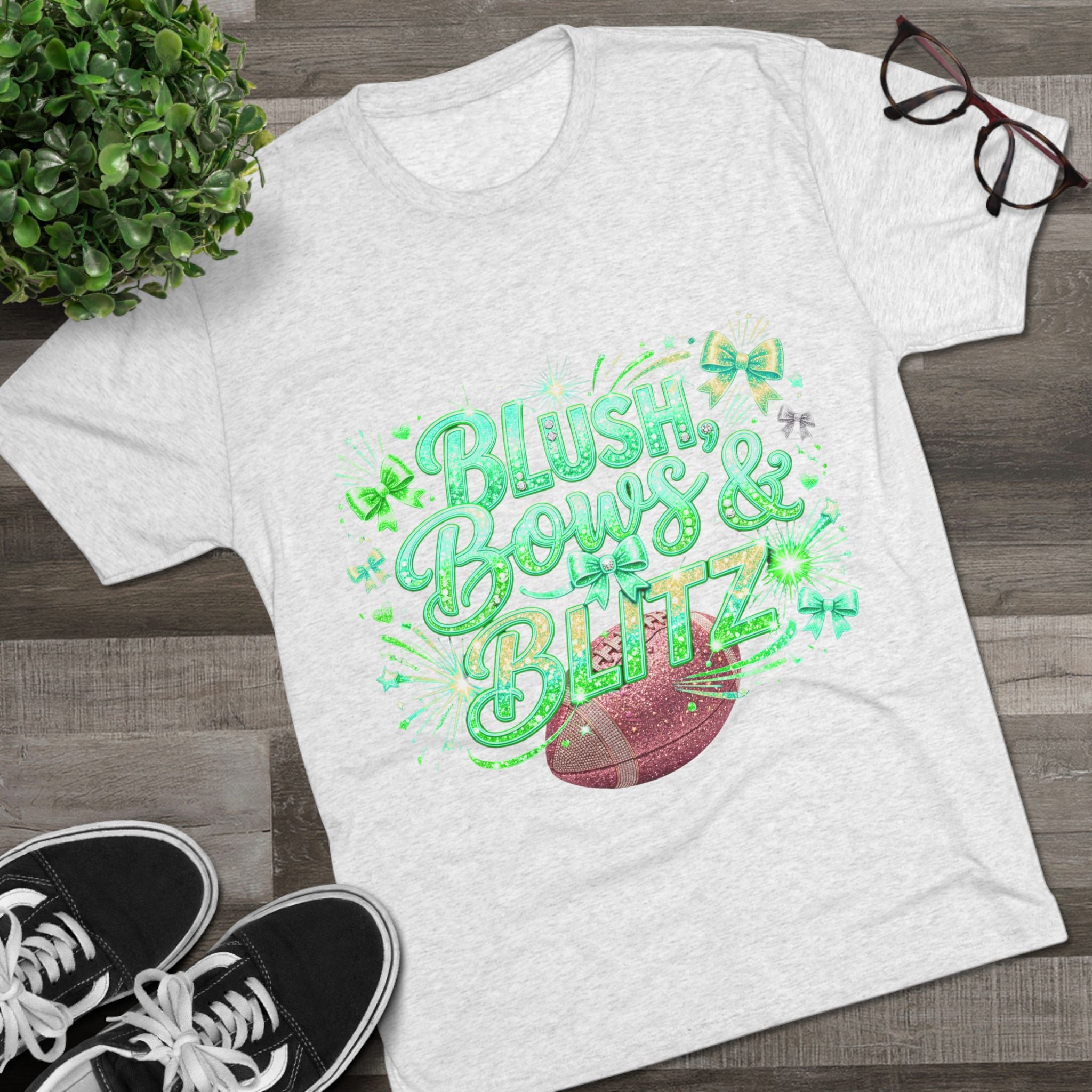 Blush, Bows & Blitz Football Tee — Cute Cheer Mom Game Day Shirt