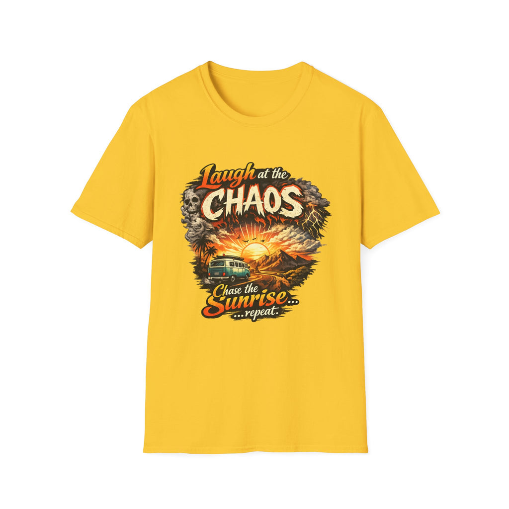 Laugh at the Chaos Sunset Road Trip T-Shirt — "Chase the Sunrise" Adventure Tee