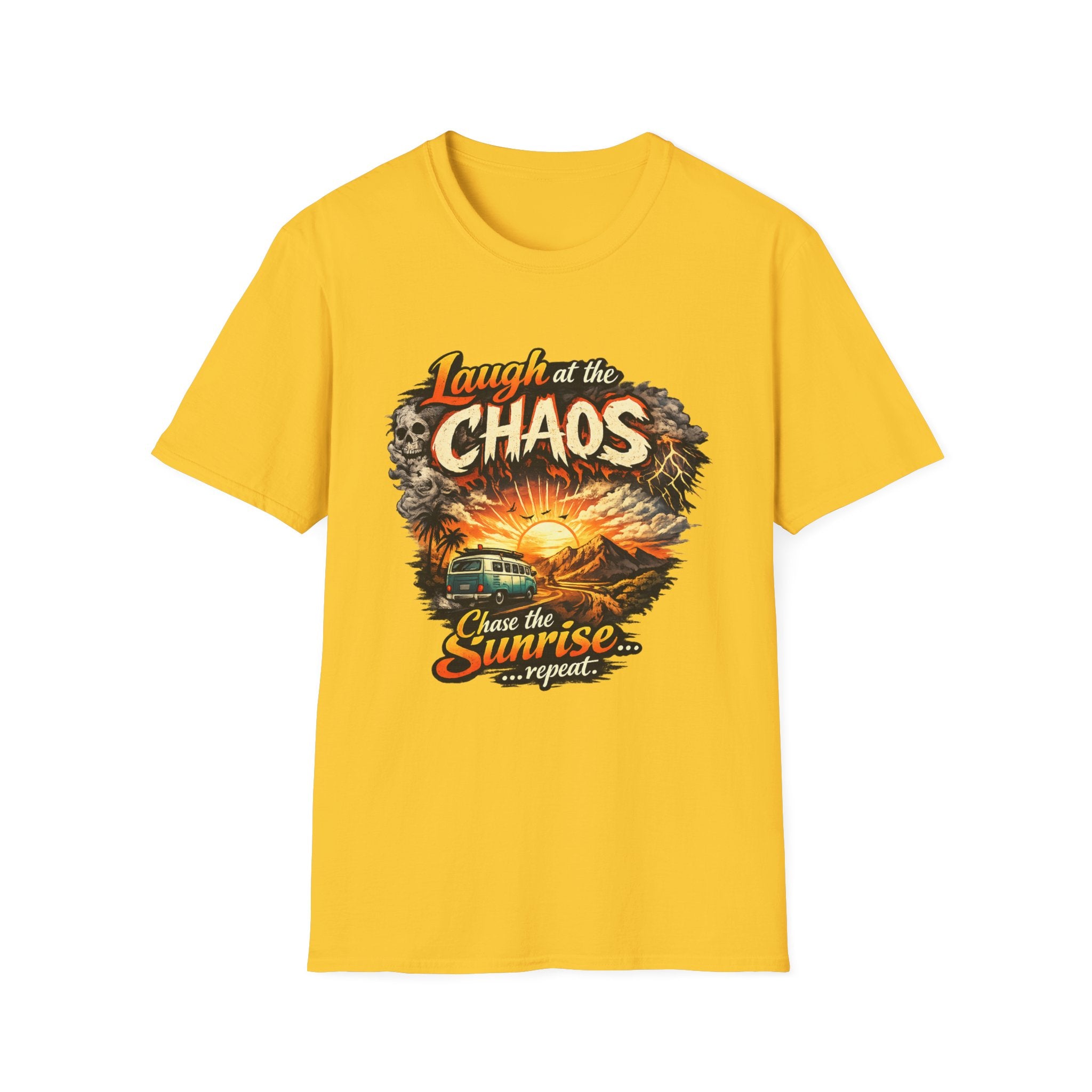 Laugh at the Chaos Sunset Road Trip T-Shirt — "Chase the Sunrise" Adventure Tee