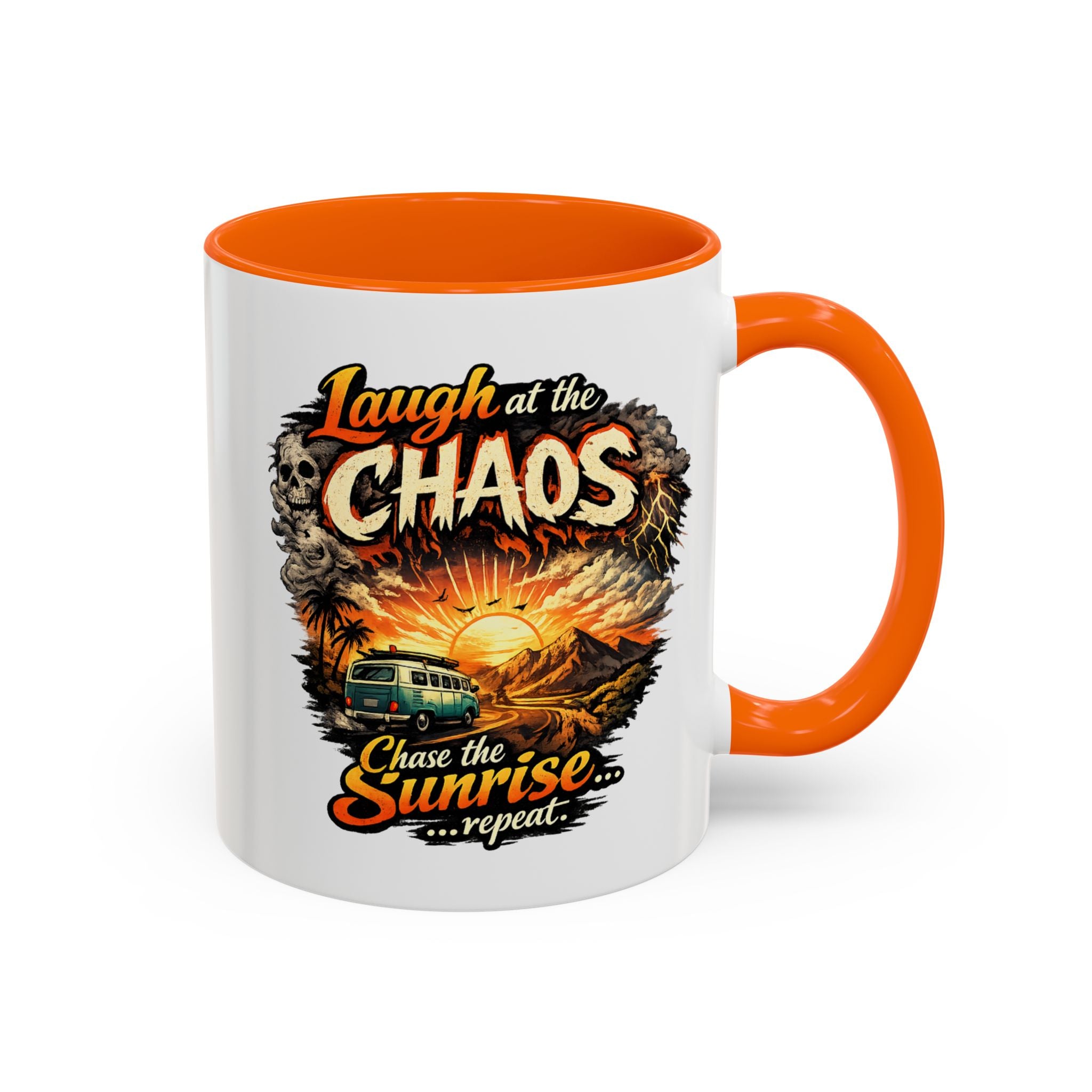 Laugh at the Chaos Sunrise Accent Coffee Mug — Retro Beach Camper Coffee Cup (11/15 oz)