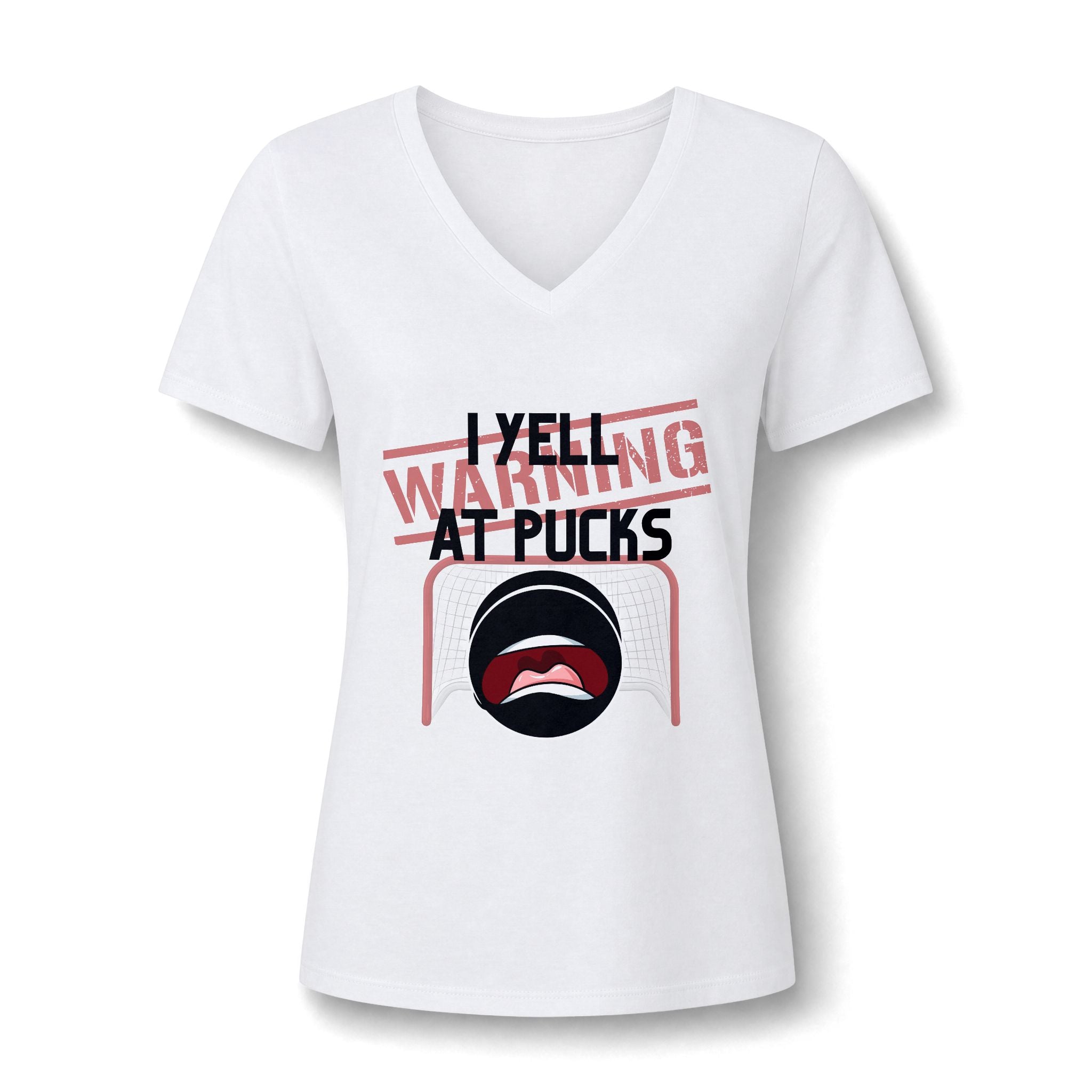 I Yell At Pucks V-Neck Tee — Funny Hockey Fan Shirt for Women