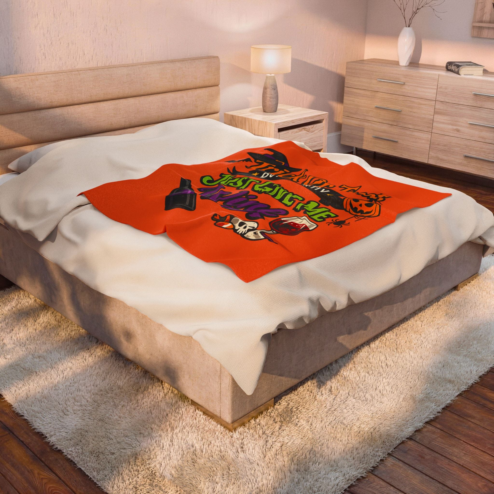 Velveteen Plush Blanket - 'Trick or Treat But Mostly Just Give Me Wine' Halloween Wine Lover Throw