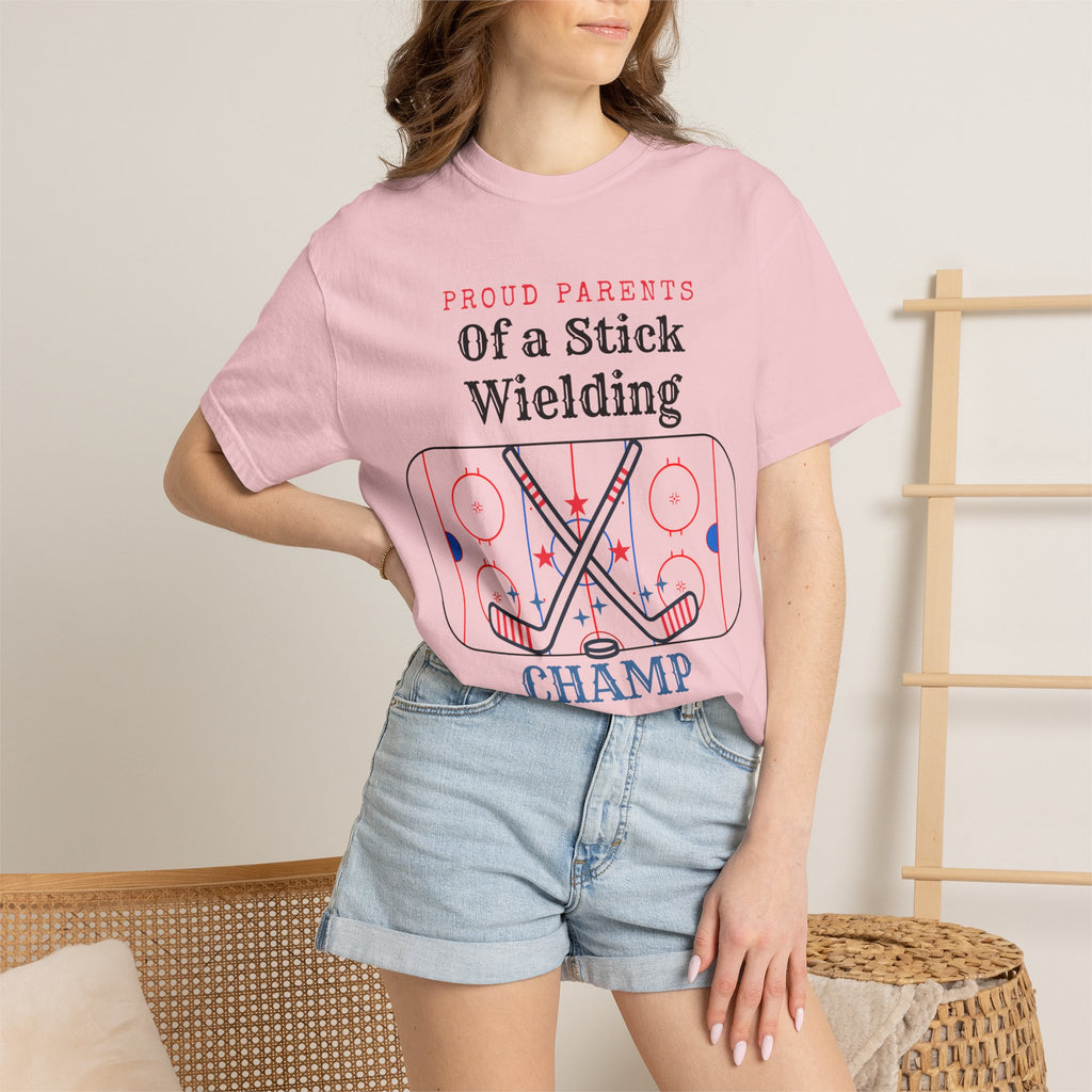 Proud Parents Of a Stick Wielding Champ T-Shirt — Hockey Mom/Dad Tee