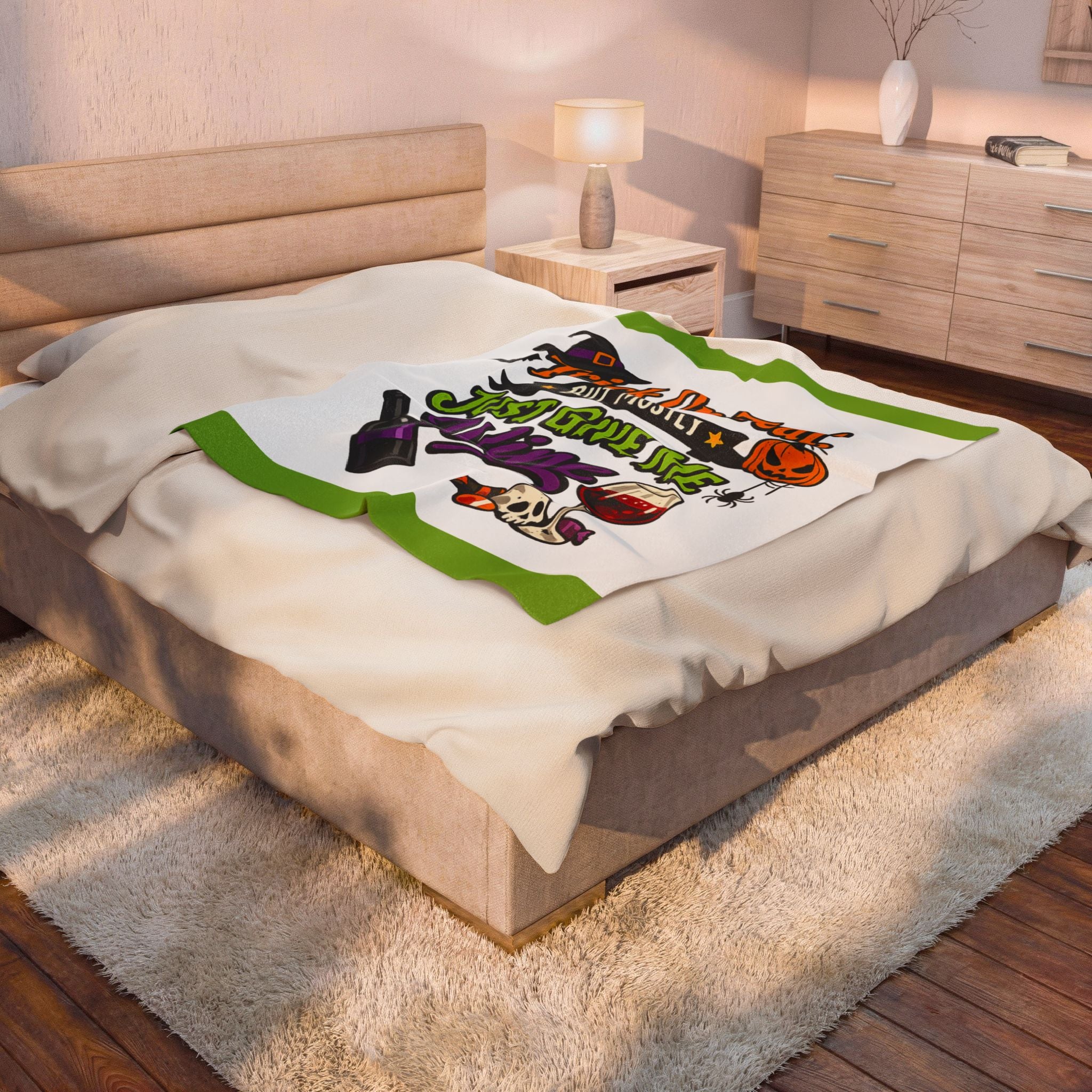 Halloween Wine Plush Blanket – “Trick Or Treat But Mostly Just Give Me Wine” Velveteen Throw