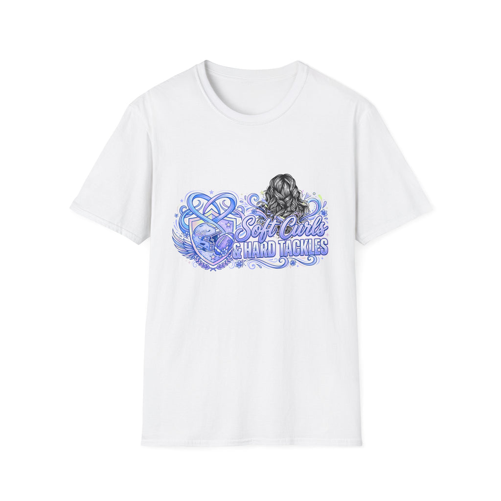 Soft Curls, Sharp Tackles T-Shirt — Women’s Football Mom Graphic Tee