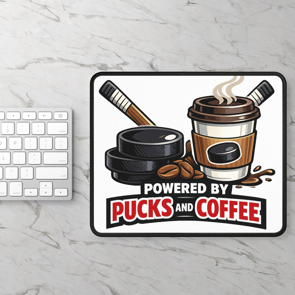 Gaming Mouse Pad — "Powered by Pucks and Coffee" Hockey Coffee Lover Mousepad