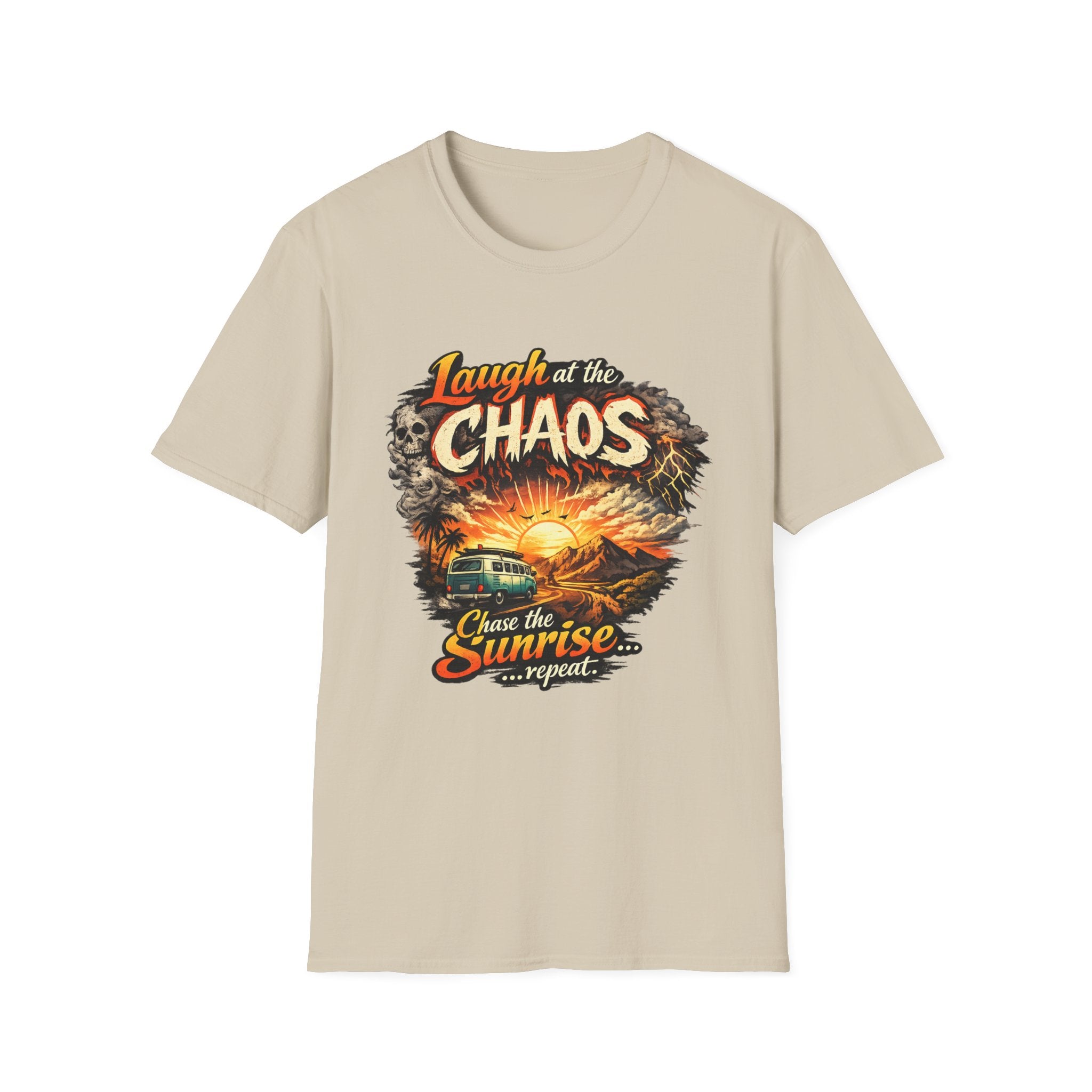 Laugh at the Chaos Sunset Road Trip T-Shirt — "Chase the Sunrise" Adventure Tee