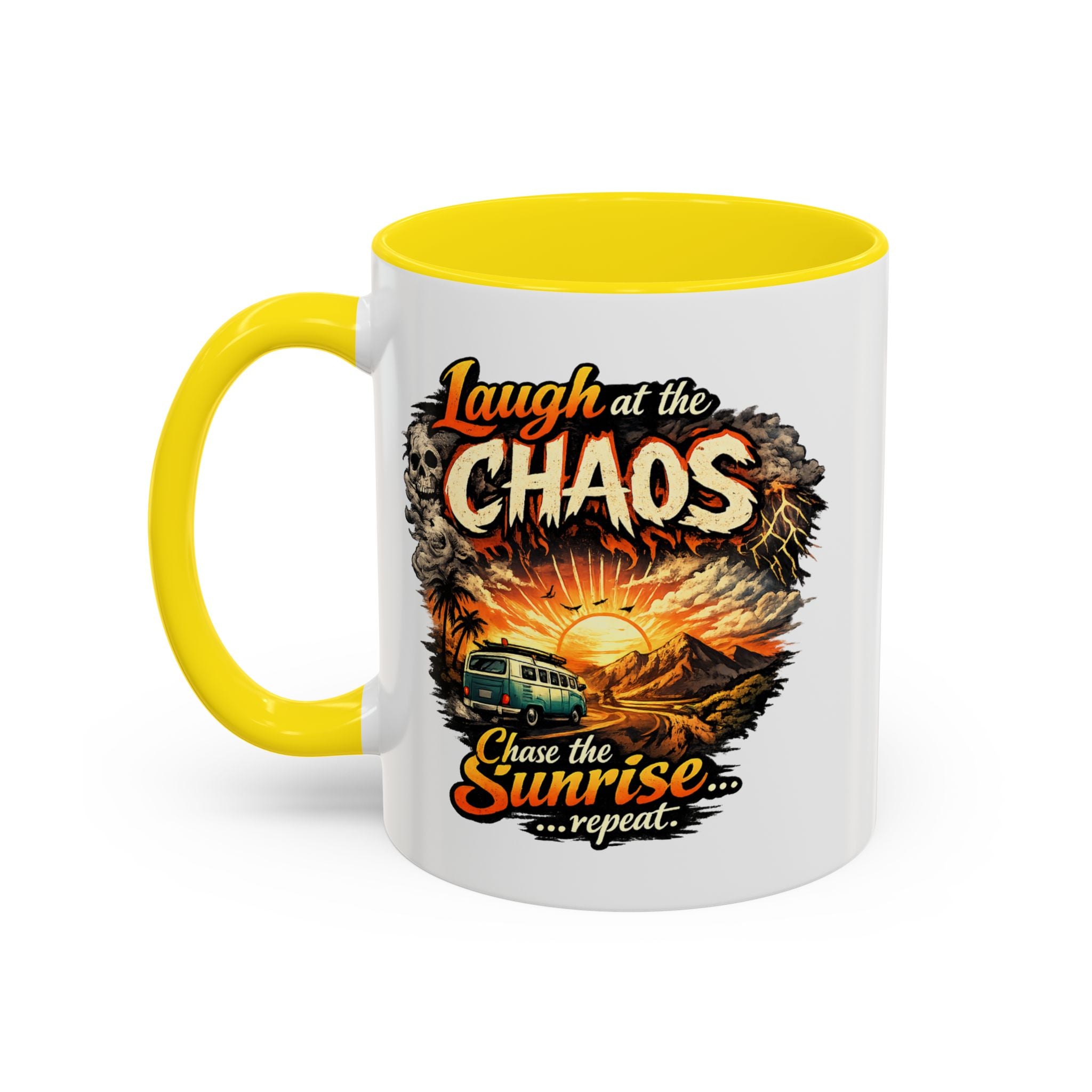 Laugh at the Chaos Sunrise Accent Coffee Mug — Retro Beach Camper Coffee Cup (11/15 oz)