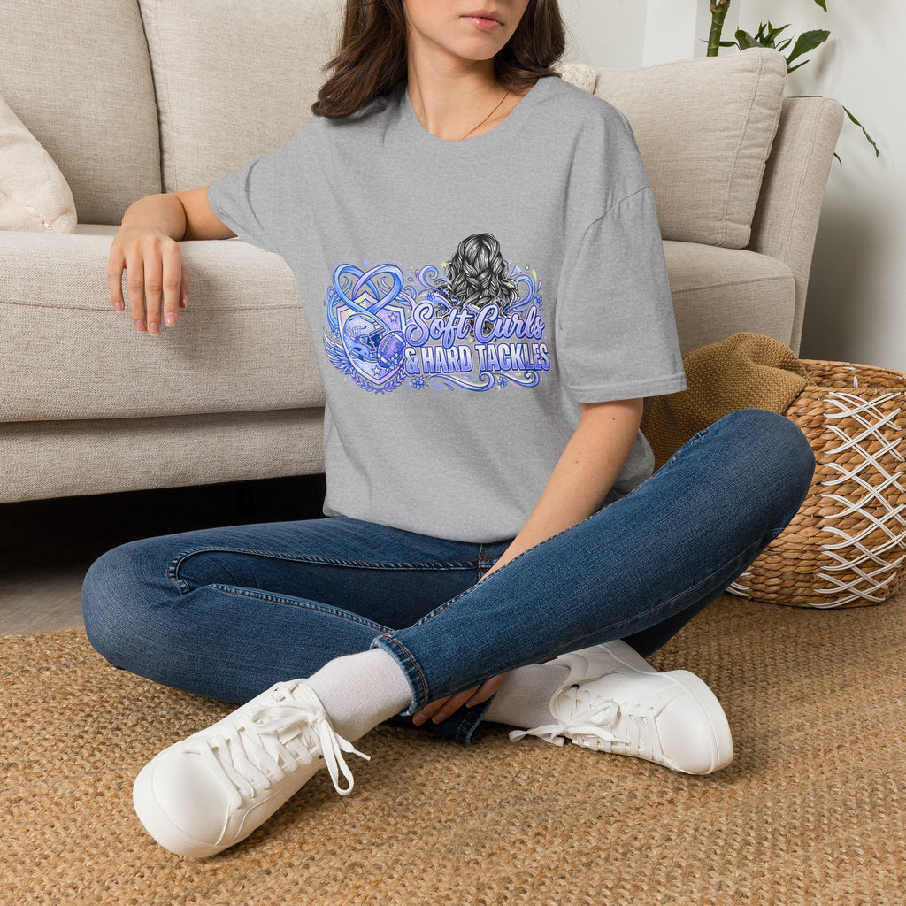 Soft Curls, Sharp Tackles T-Shirt — Women’s Football Mom Graphic Tee