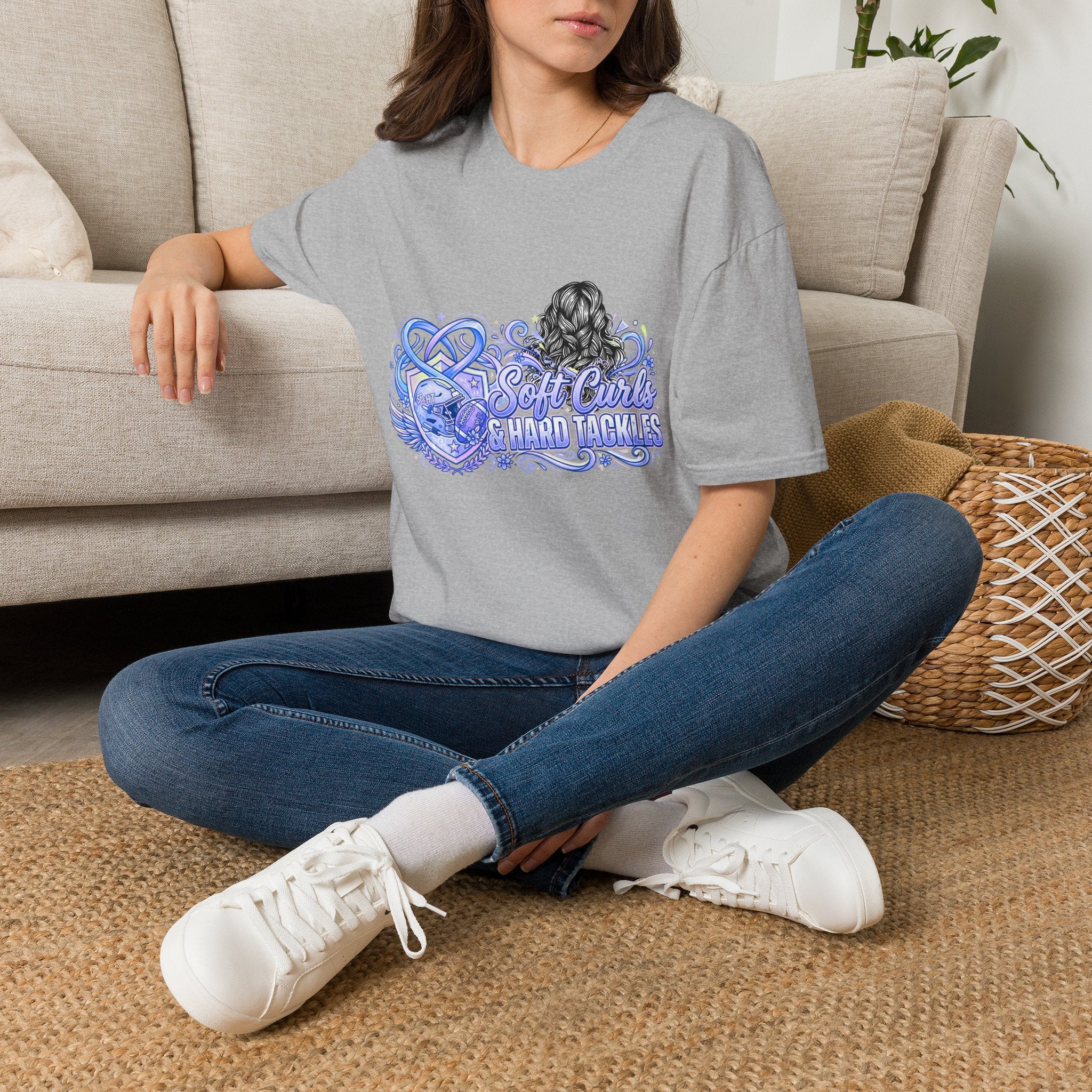 Soft Curls, Sharp Tackles T-Shirt — Women’s Football Mom Graphic Tee