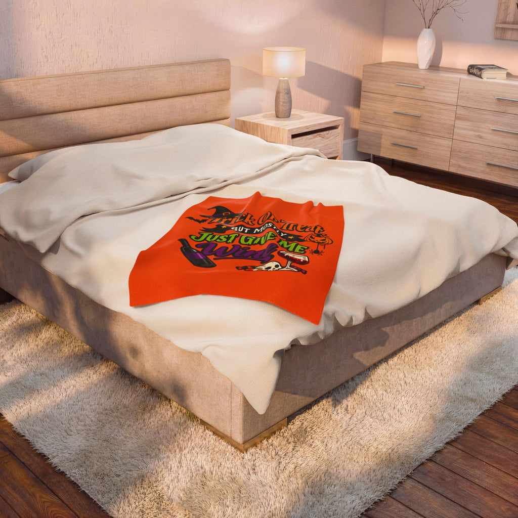 Velveteen Plush Blanket - 'Trick or Treat But Mostly Just Give Me Wine' Halloween Wine Lover Throw