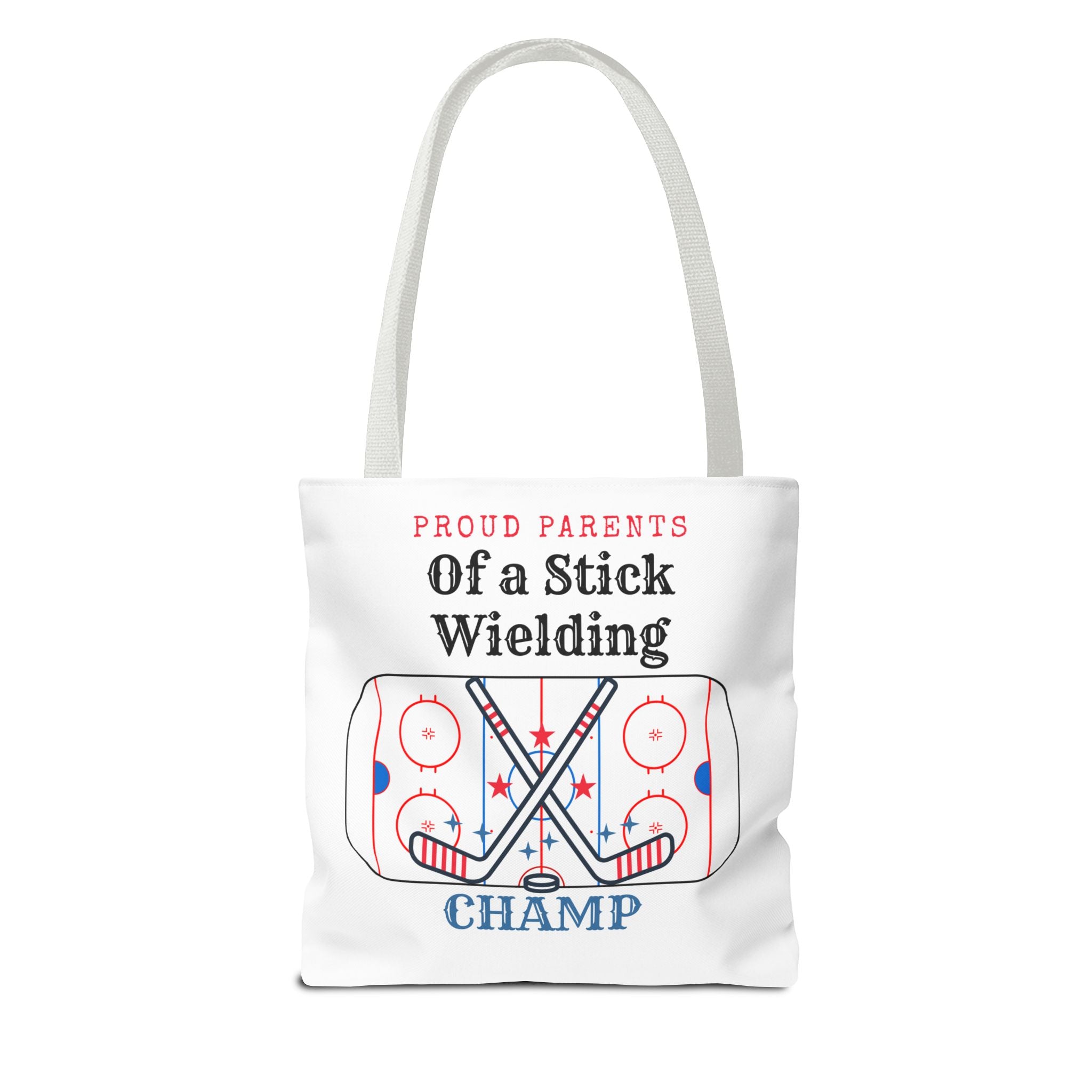 Hockey Mom/Dad Tote — "Proud Parents of a Stick Wielding Champ" Tote Bag