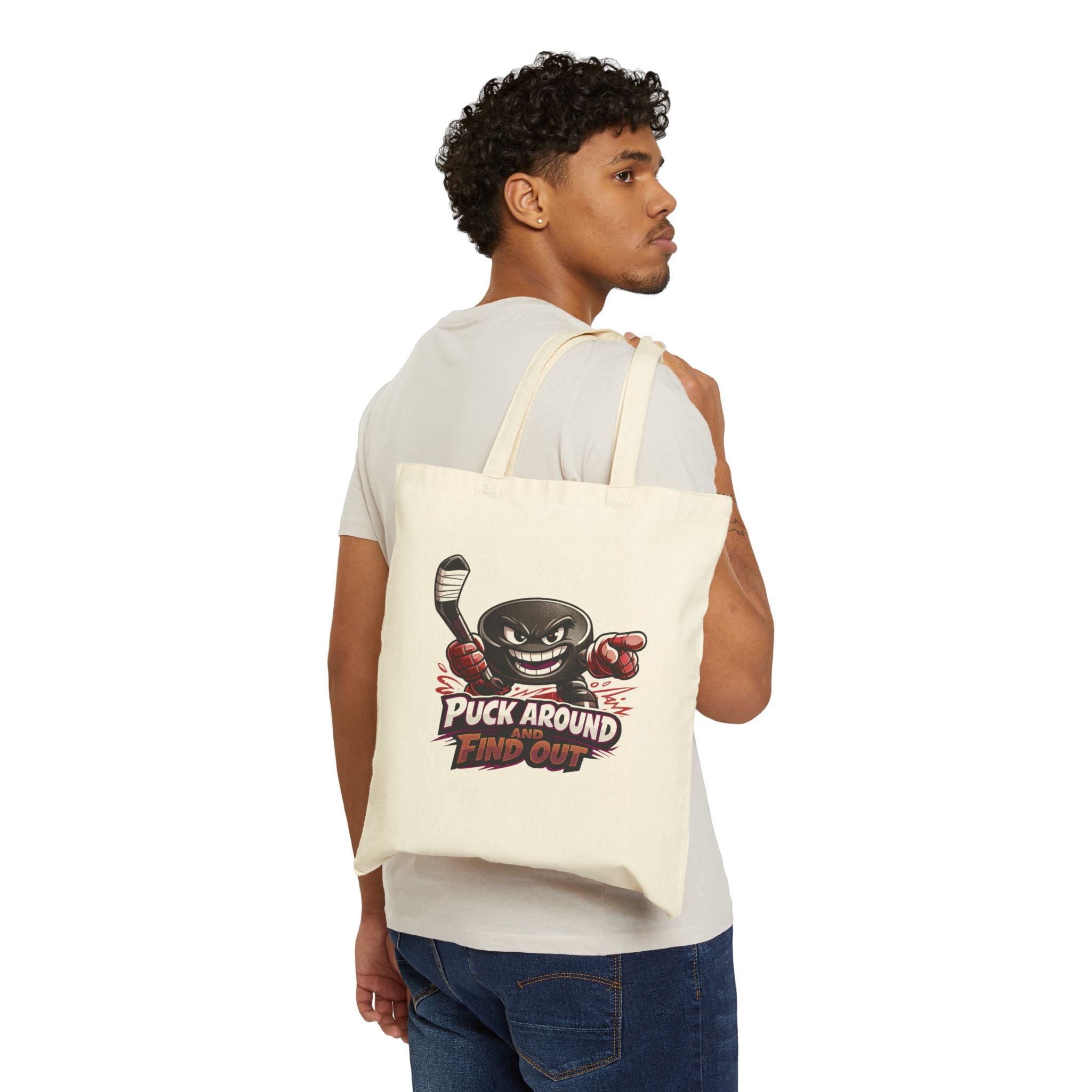 Puck Around Find Out Hockey Tote Bag — Cotton Canvas Sports Grocery Bag