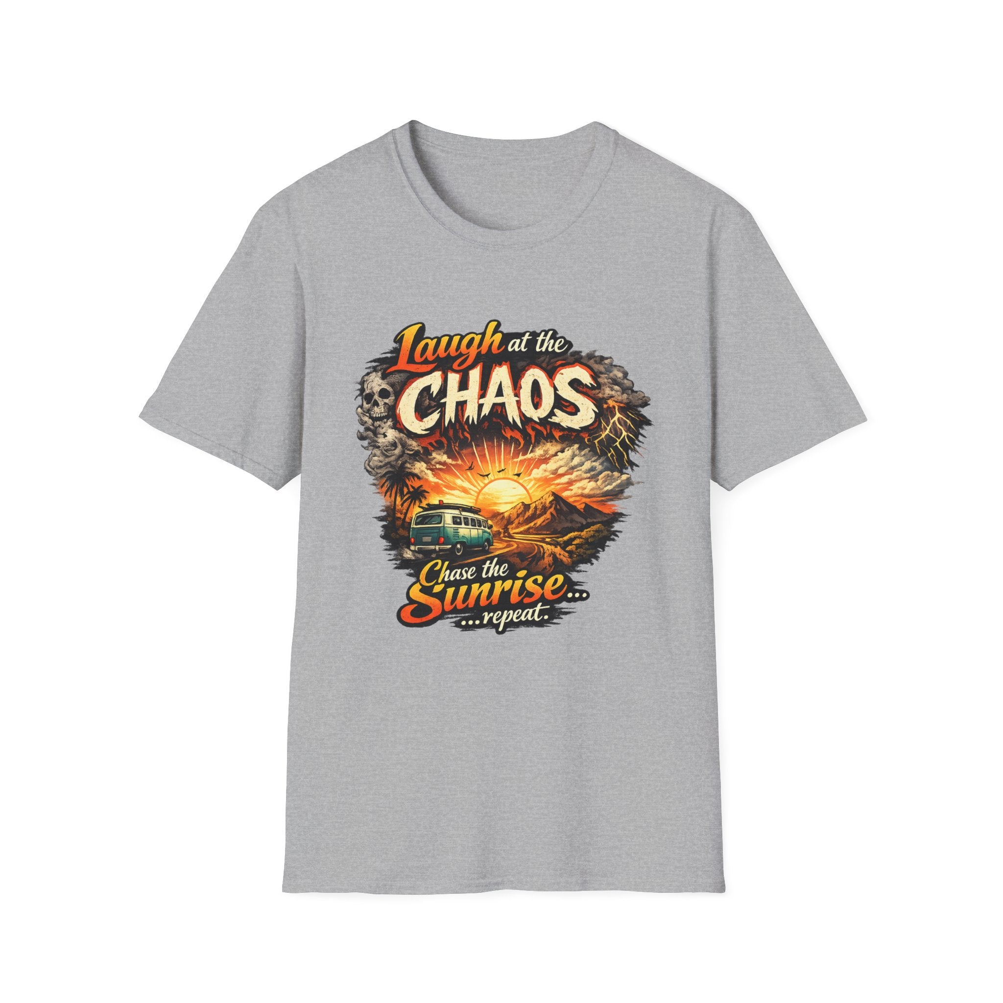 Laugh at the Chaos Sunset Road Trip T-Shirt — "Chase the Sunrise" Adventure Tee