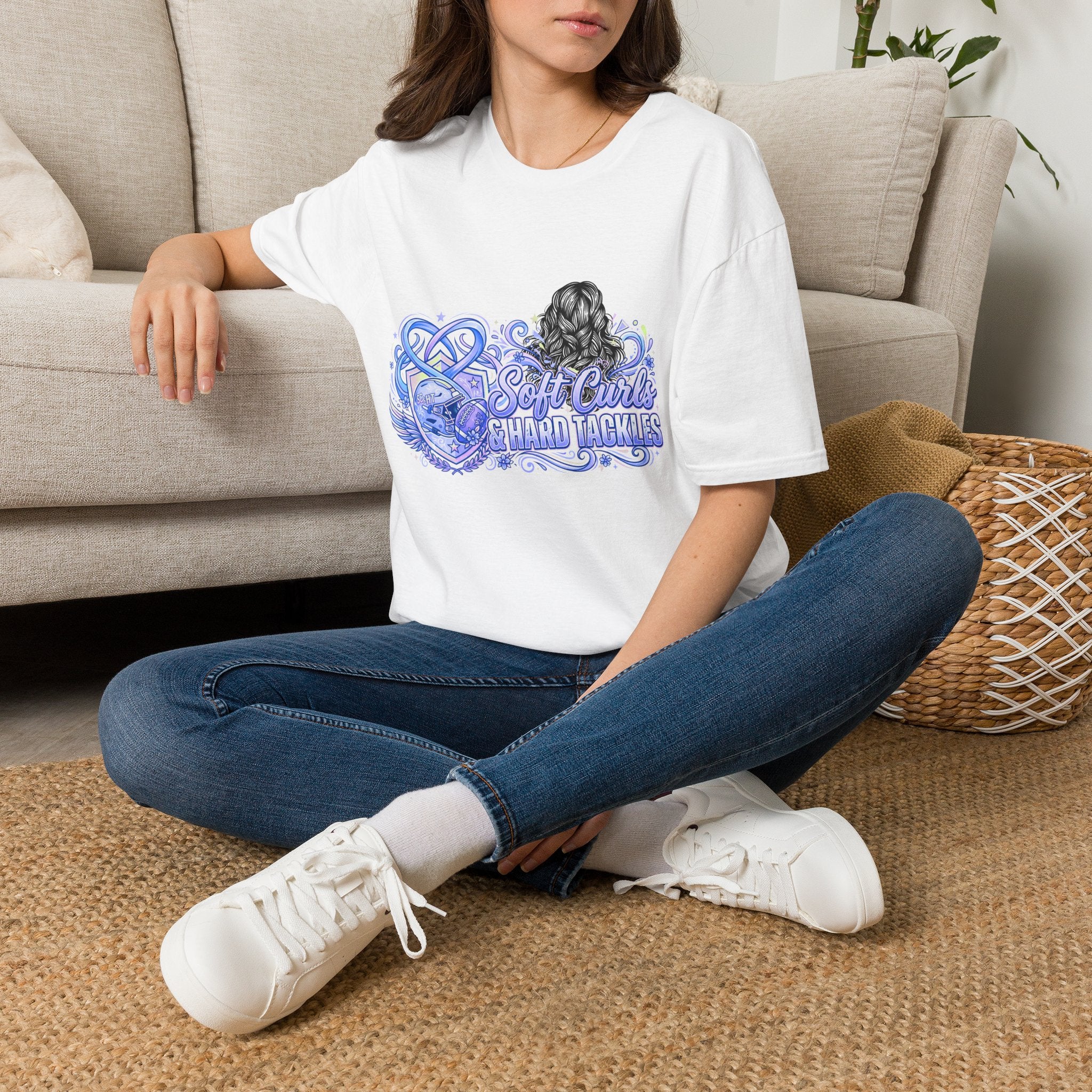 Soft Curls, Sharp Tackles T-Shirt — Women’s Football Mom Graphic Tee