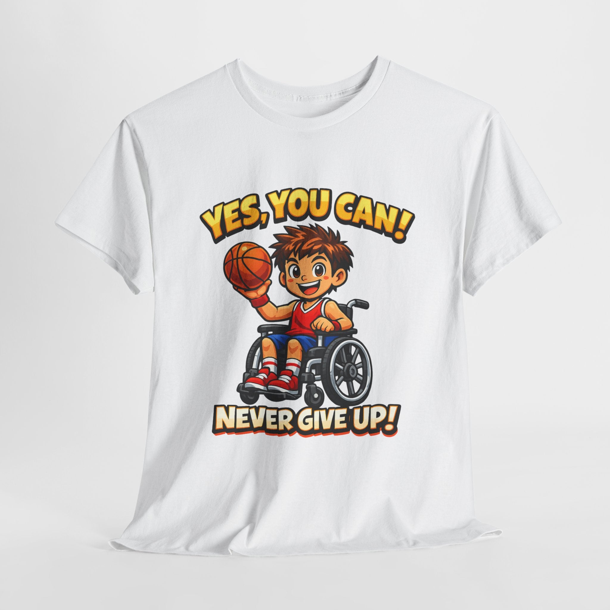 Youth Wheelchair Basketball T‑Shirt — "Yes, You Can! Never Give Up!" Motivational Tee