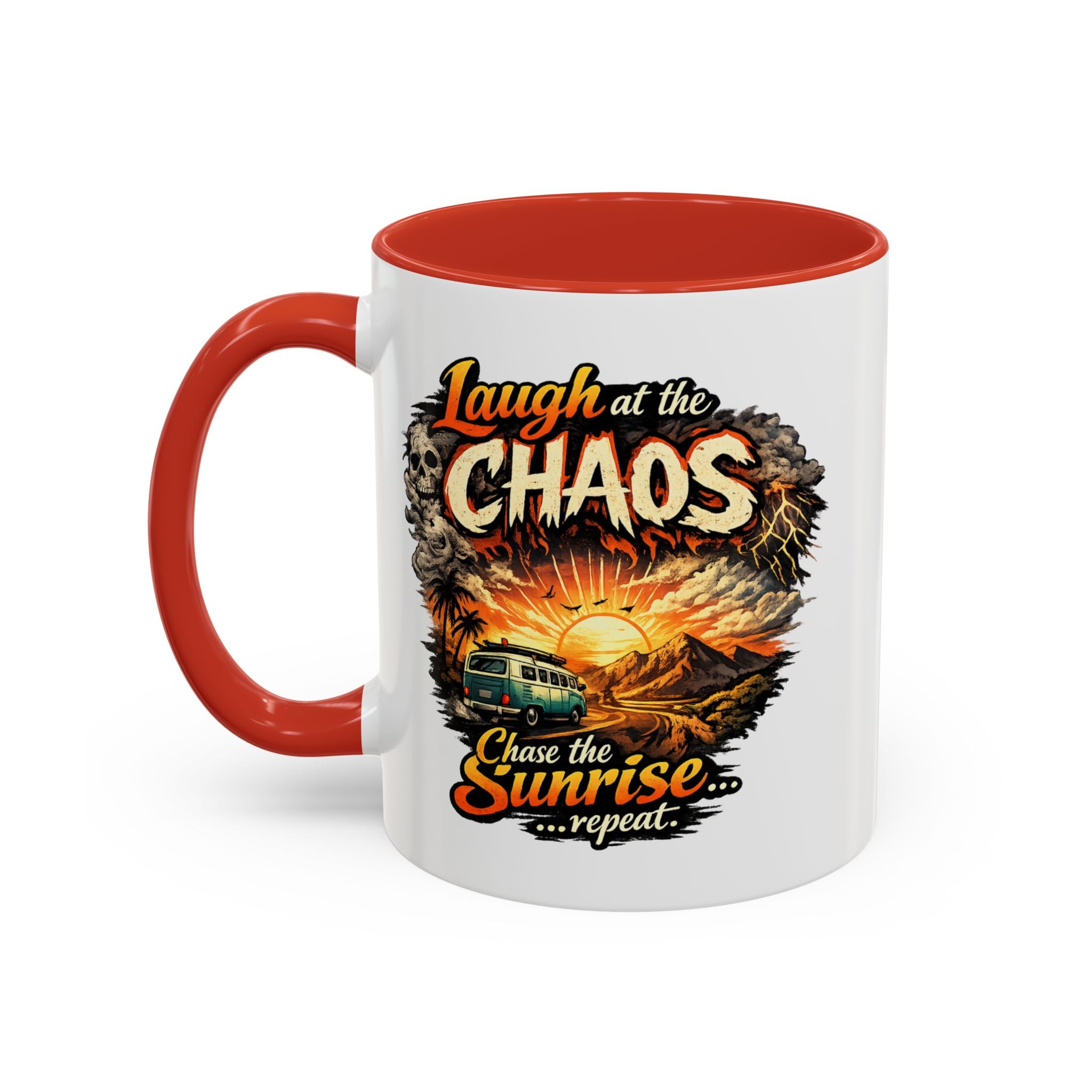Laugh at the Chaos Sunrise Accent Coffee Mug — Retro Beach Camper Coffee Cup (11/15 oz)