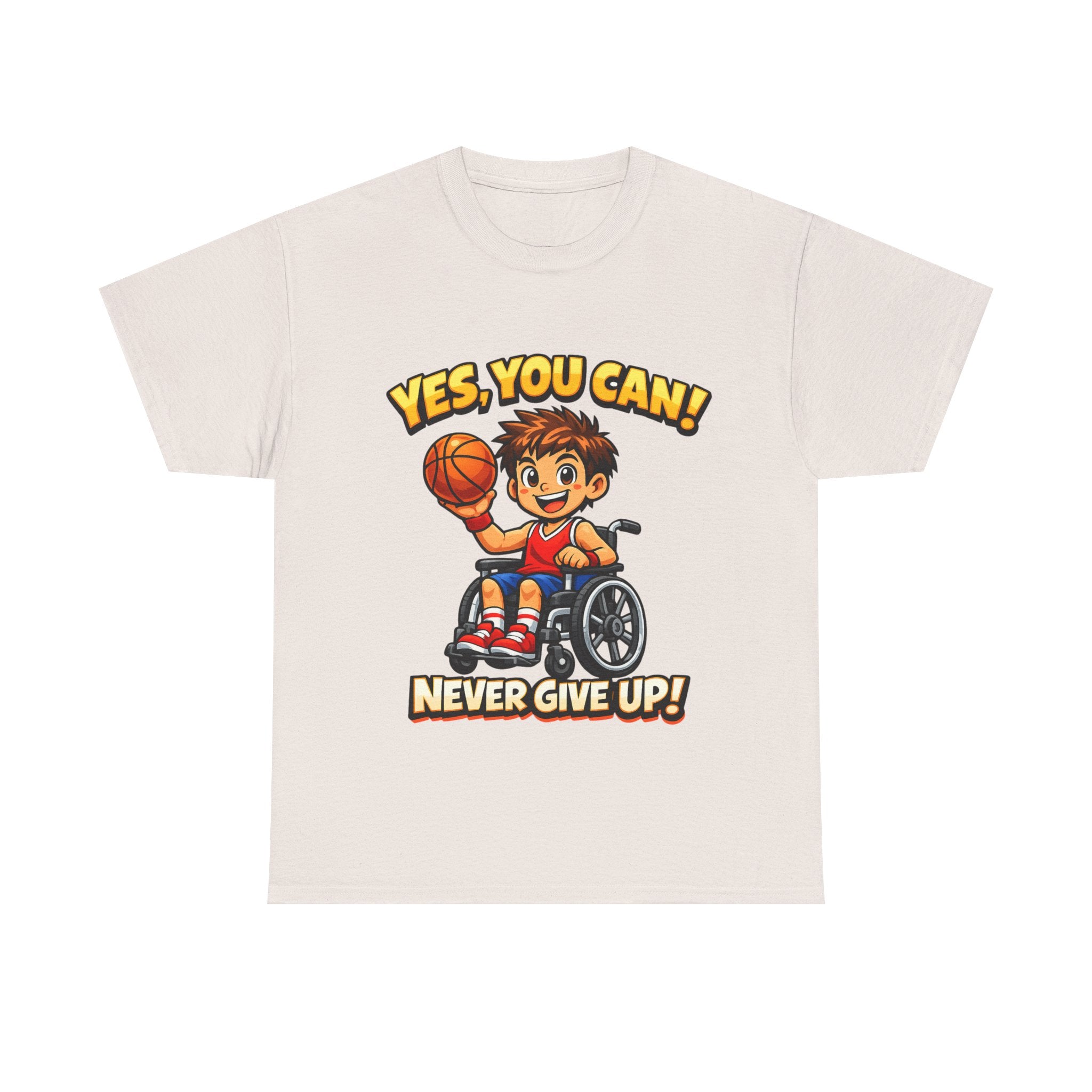 Youth Wheelchair Basketball T‑Shirt — "Yes, You Can! Never Give Up!" Motivational Tee