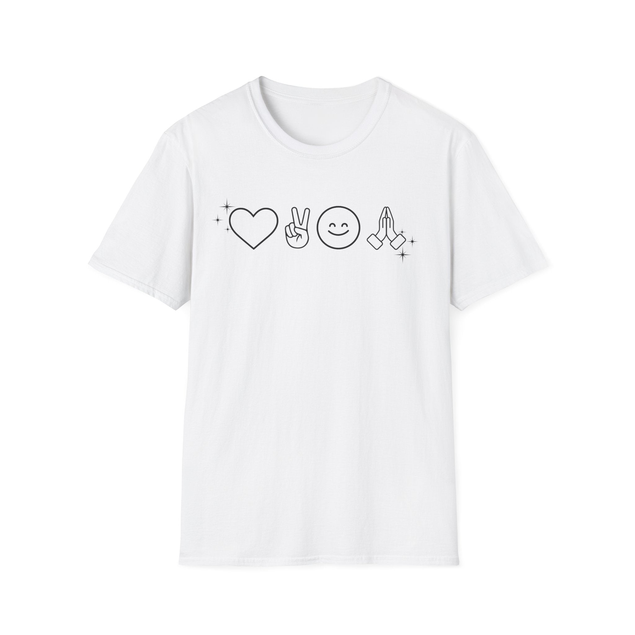 Peace Love Pray Minimal Emoji T‑Shirt — Heart, Peace, Smile, Praying Hands Graphic Tee