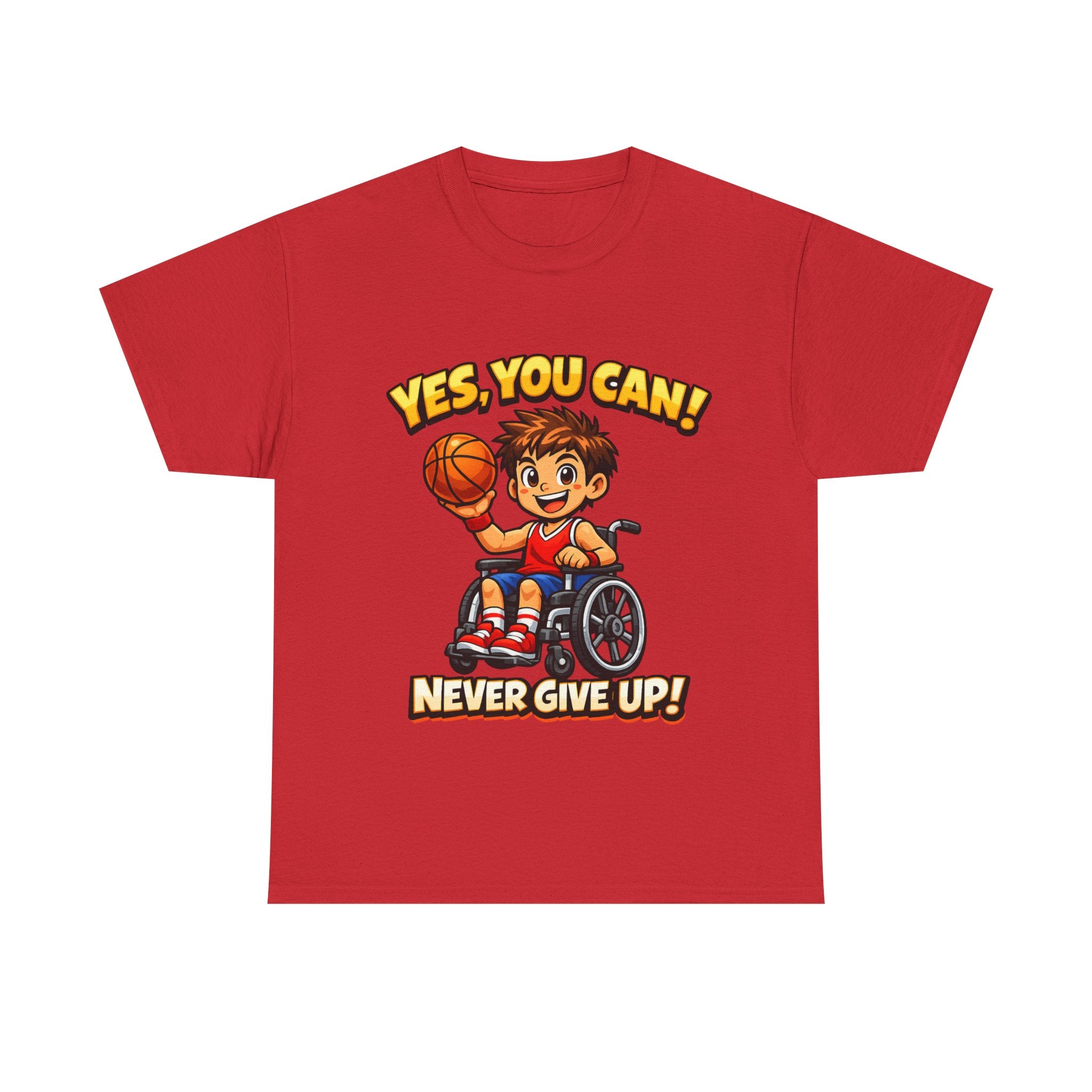 Youth Wheelchair Basketball T‑Shirt — "Yes, You Can! Never Give Up!" Motivational Tee